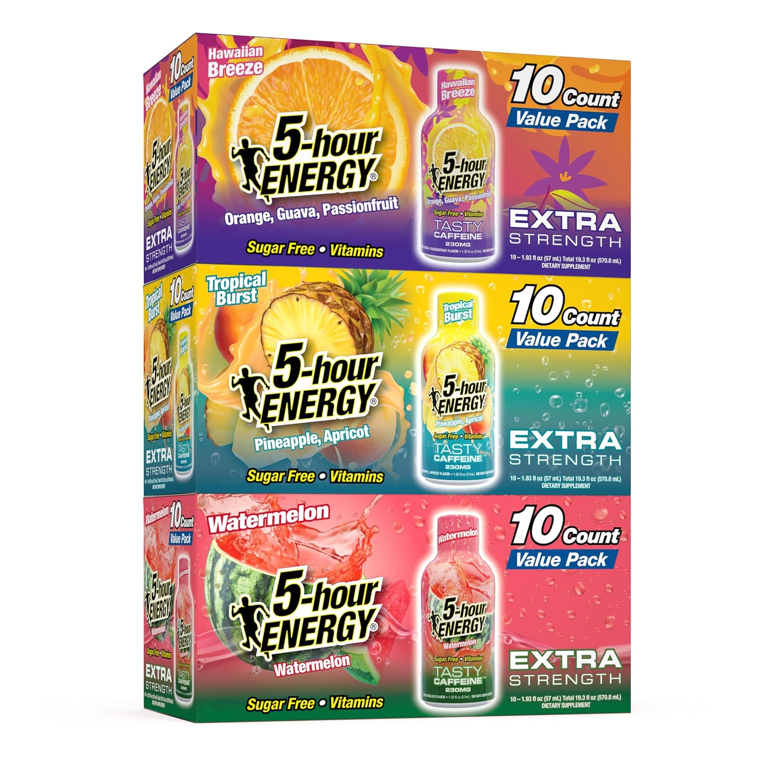 5-hour ENERGY VARIETY PACK Hawaiian Breeze, Tropical Burst & Watermelon Flavors, 30 Count, 1.93 Fl Oz Energy Shot, Extra Strength, Amino Acids, B Vitamins, Sugar Free and Zero Calories