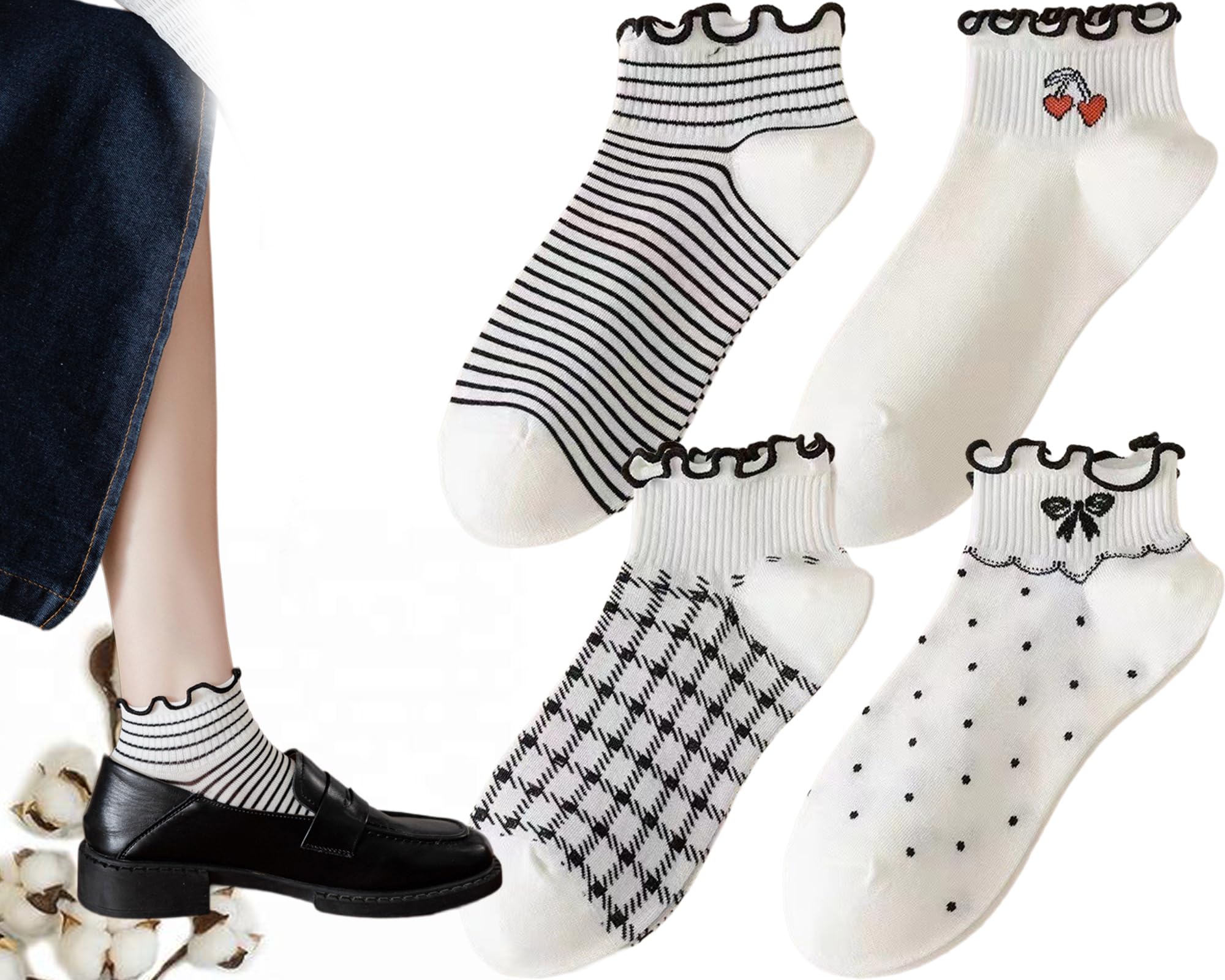 CHUNFO Womens Socks Ruffle Ankle Striped Bows Argyl Plaid Dots White Cotton Sock Crew Size5-9 Size6-11