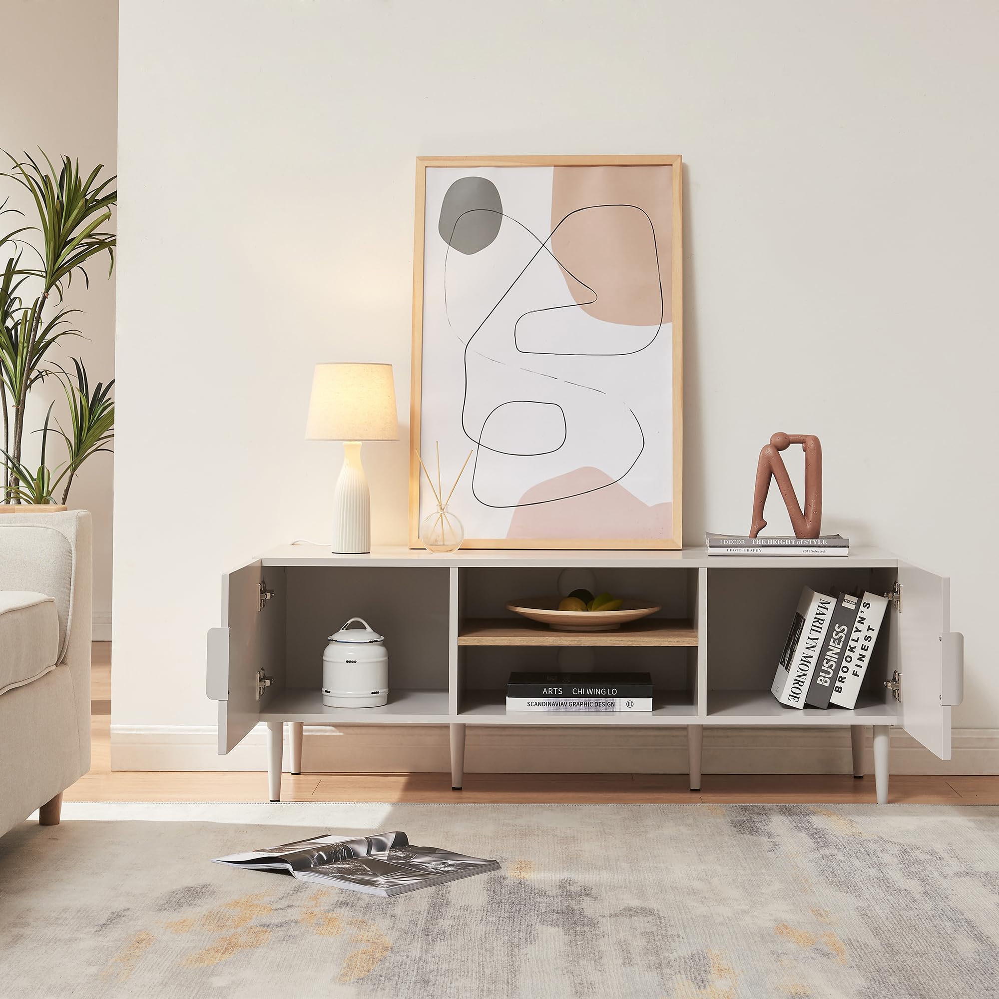 [en.casa] Mobile TV con Ante e Scomparti Aperti Mobile Contenitore Porta Televisore Armadio Basso da Archivio Stand TV e Centri Multimediali 120x40x45 cm Beige