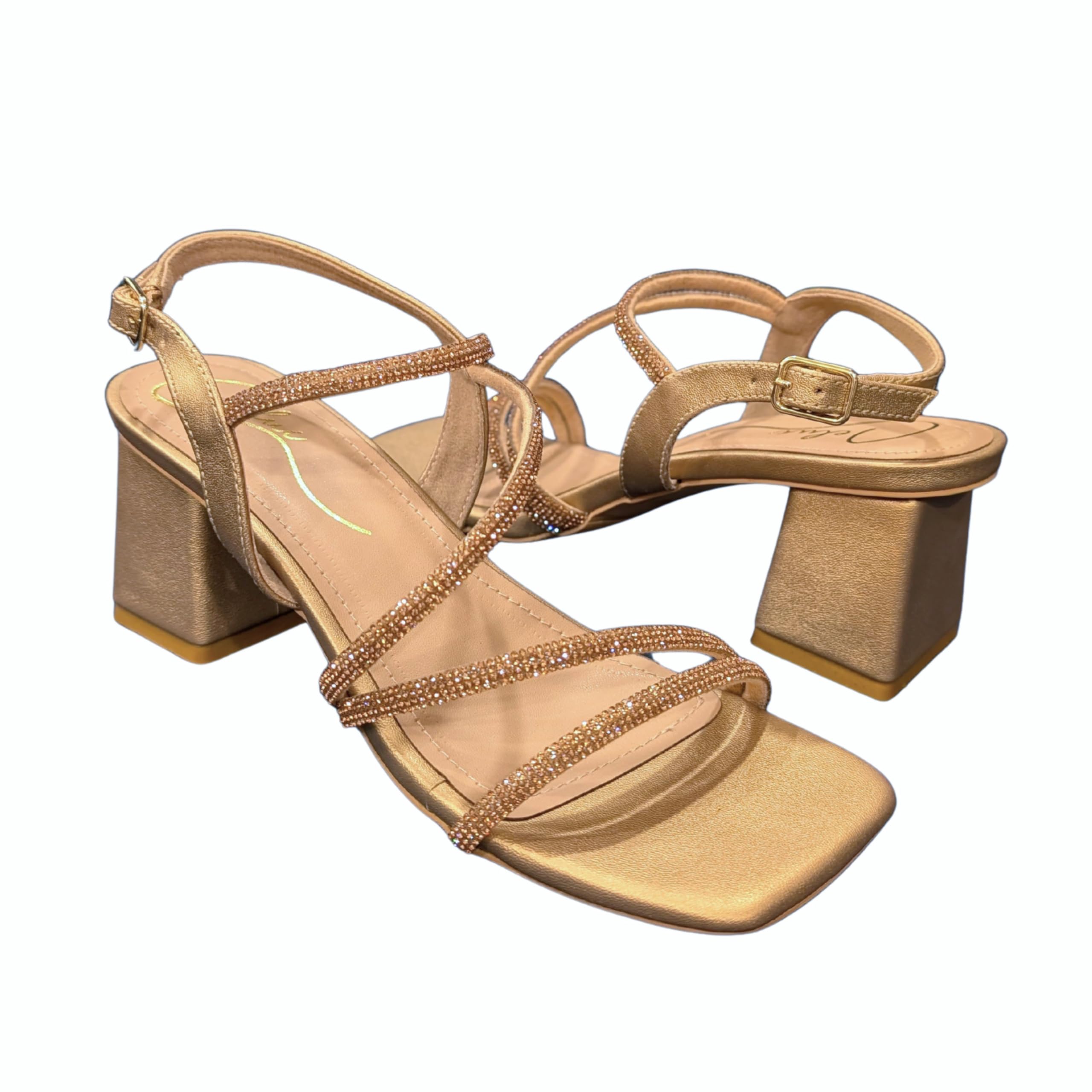 Lyla Bronze Embellished Block Heels for Women | Diamond Strap | Vegan Leather | Comfortable Party & Office Wear-image-19