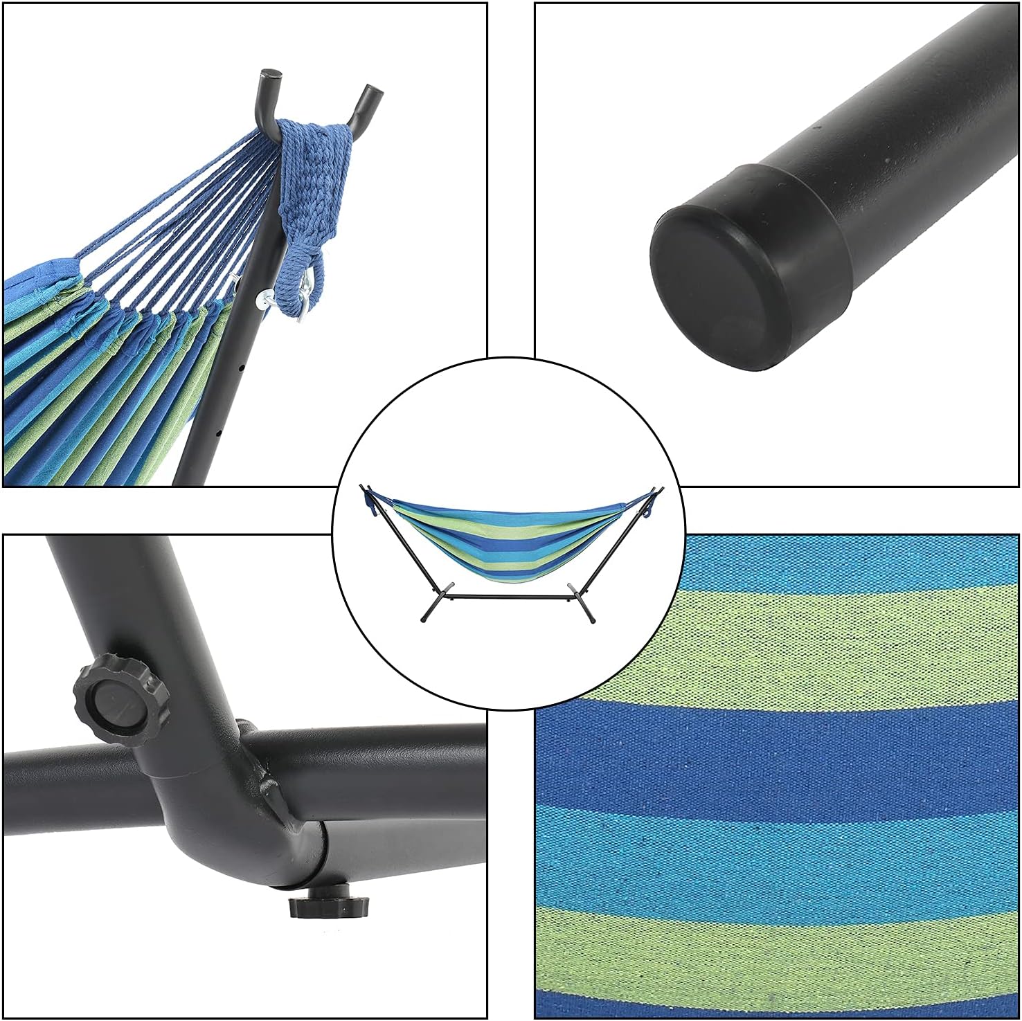 9Ft Black Steel Pipe Hammock Frame with 200 x 150cm Polyester Cotton Hammock Natural Rope Iron Hammock Stand Set (Blue Green Strip)