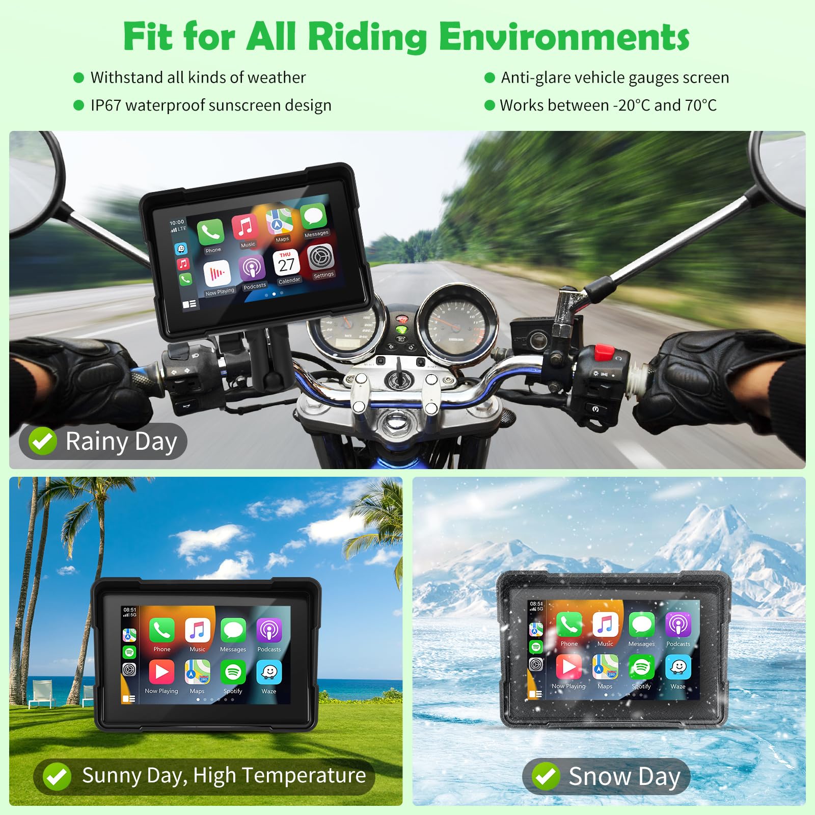 Pantalla Inalámbrica CarPlay y Android Auto de 5 Pulgadas para Motocicleta, Pantalla Táctil IPS Portátil, GPS/Bluetooth/Control por Voz/IPX7 Impermeable, Compatible con Siri/Google Assistant