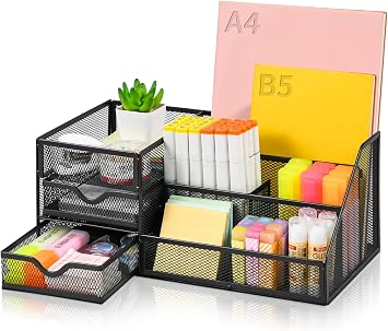 Lavatino Larger Mesh Desk Organizer with Drawers, Multifunctional Desk Organizers and Accessories with 6 compartments + 2 Drawer, Office Desktop Organization for supplies Black