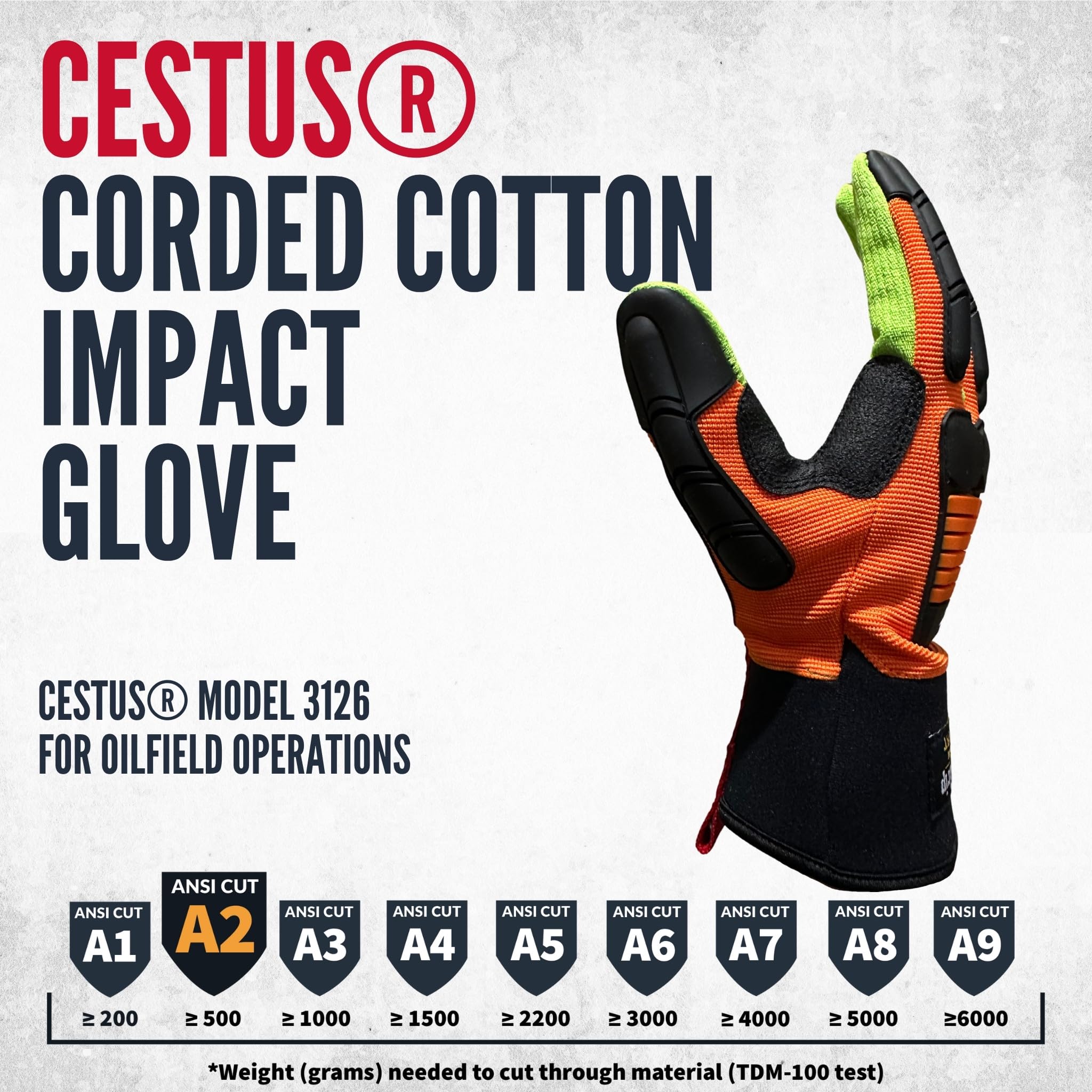 Cestus 3126, Impact Gloves for Men Oilfield, Industrial Corded Cotton Palm for Oil Field Rigging, ANSI A2 Cut Resistant Glove (Large)