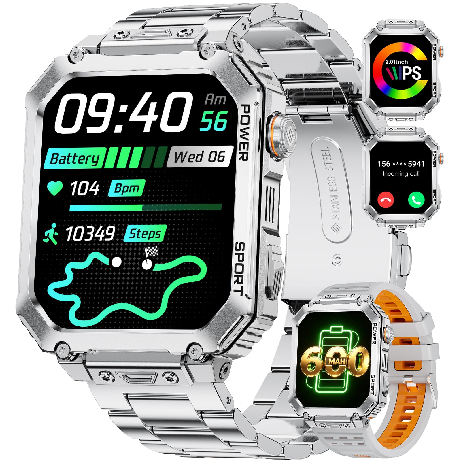 Smartwatch Uomo Militare, 2.01" Sport Smart Watch con Chiamata Bluetooth, 100+ Modalità Sportive, IP68 Fitness Orologio, Frequenza Cardiaca e Sonno, 600mAh Batteria, Android iOS, 2 Braccialetti,EF2-M