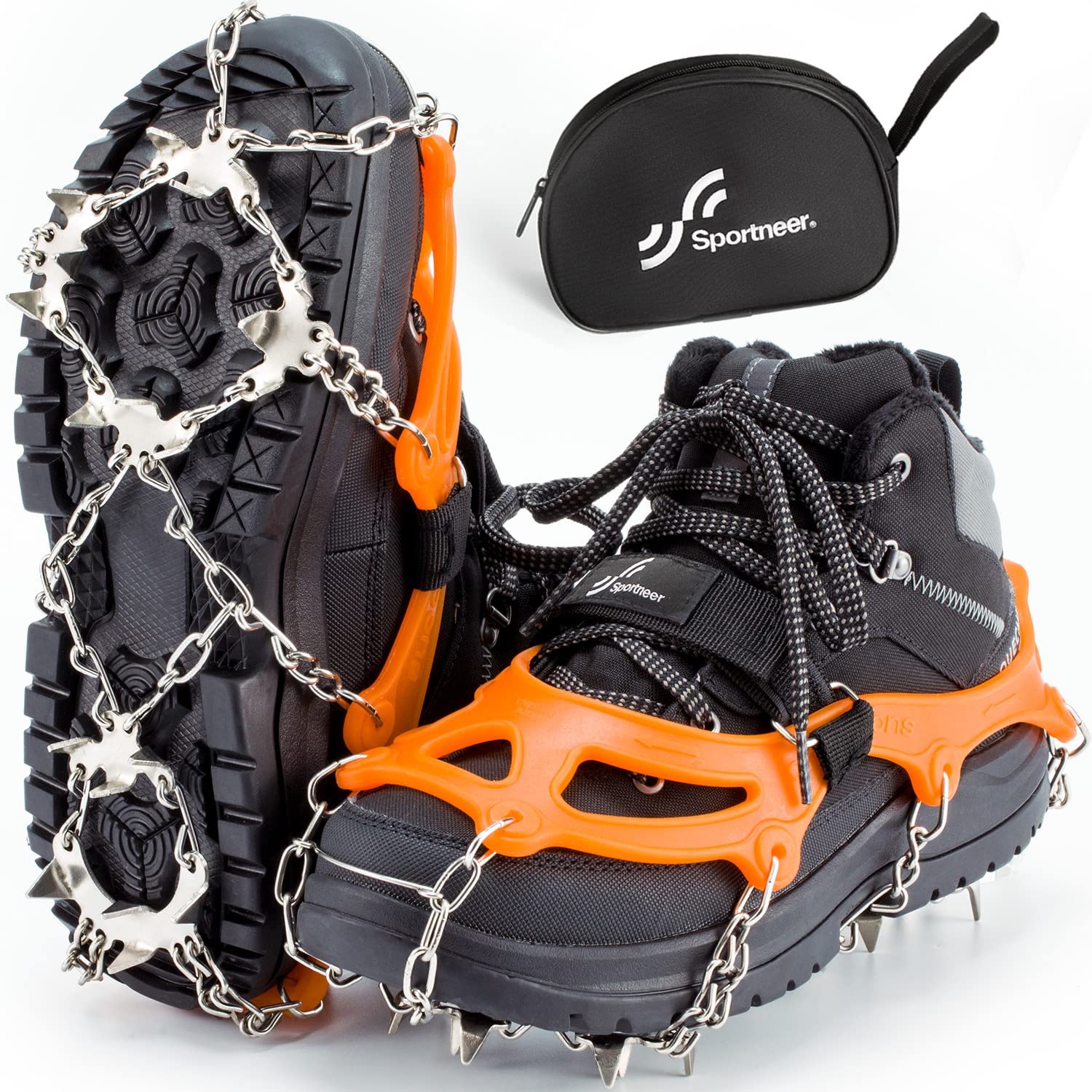 Sportneer Ramponi da Ghiaccio a trazione, 19 Denti 201 Inox Copertura Antiscivolo per Scarpe da Neve, ramponi per scarponi, Protezione sicura per Camminare, Jogging, Pesca, Camp