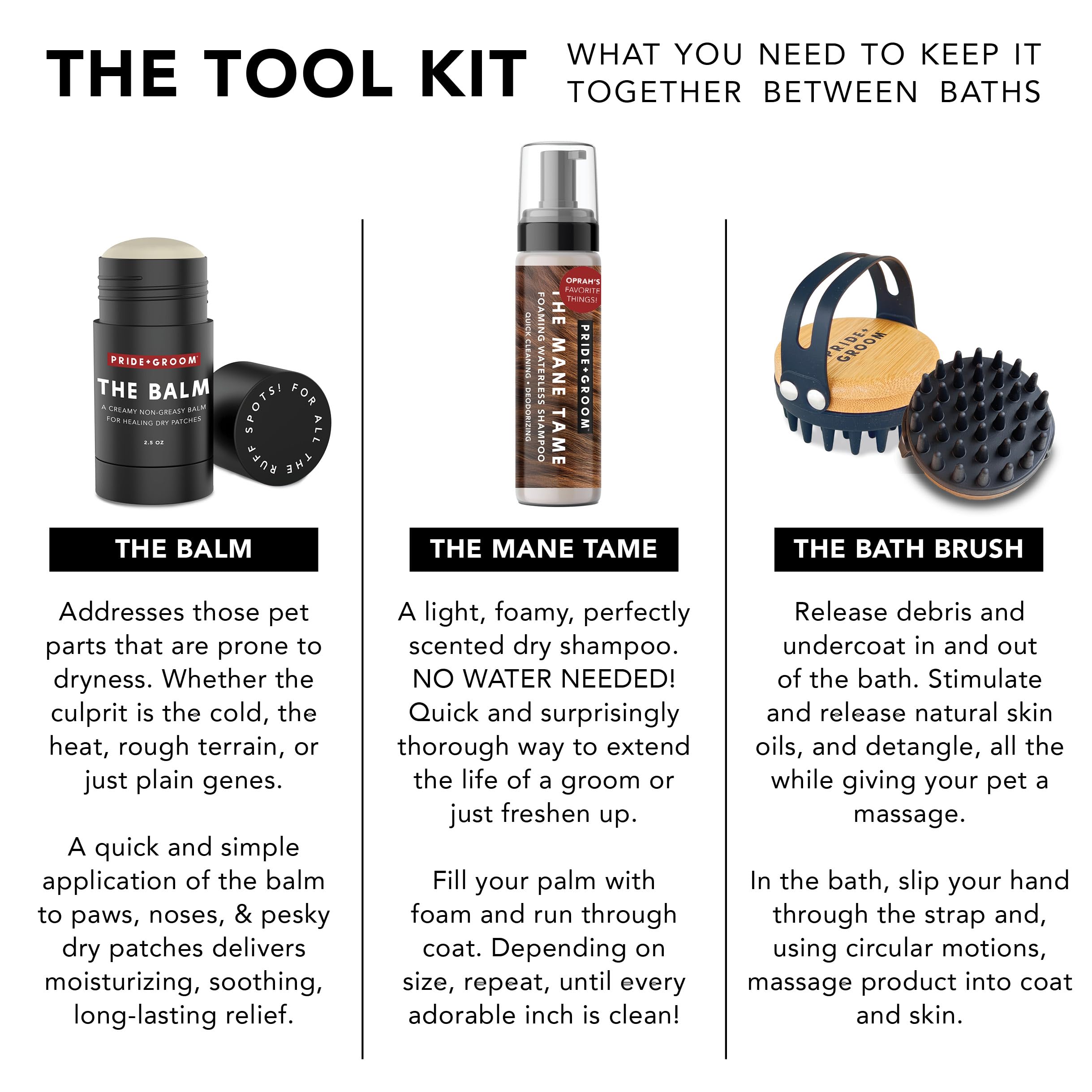 Pride and Groom The Tool Kit – Dog Grooming Gift set of 7.1oz of Foaming Waterless Shampoo, 2.5oz of Moisturizing Balm, and a Versatile Brush to Cleanse, Moisturize, Detangle and More in Between Baths