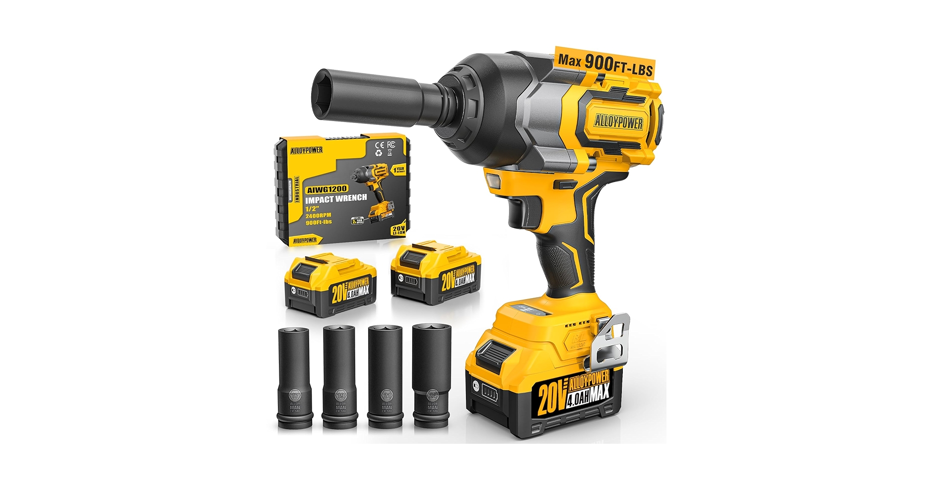 Cordless Impact Wrench, 900Ft-lbs (1200N.m) 1/2" Brushless Impact