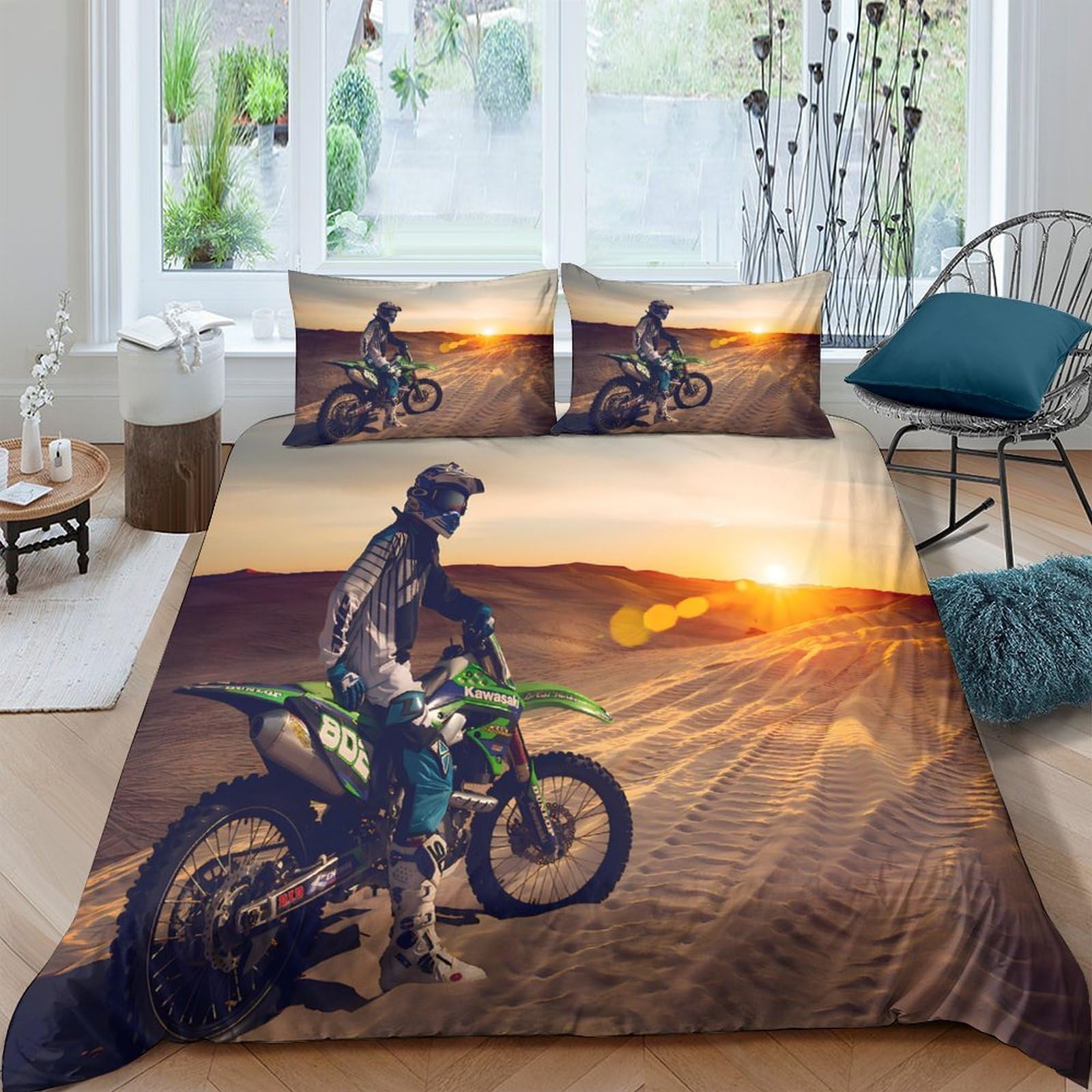Ctjqhvkz Style-3 3D Printed Sunset Desert Motorcycle Fitted Sheet Microfiber Soft Breathable Adventure Bed Cover For Bedroom Dorm Decor Single（135X200cm）