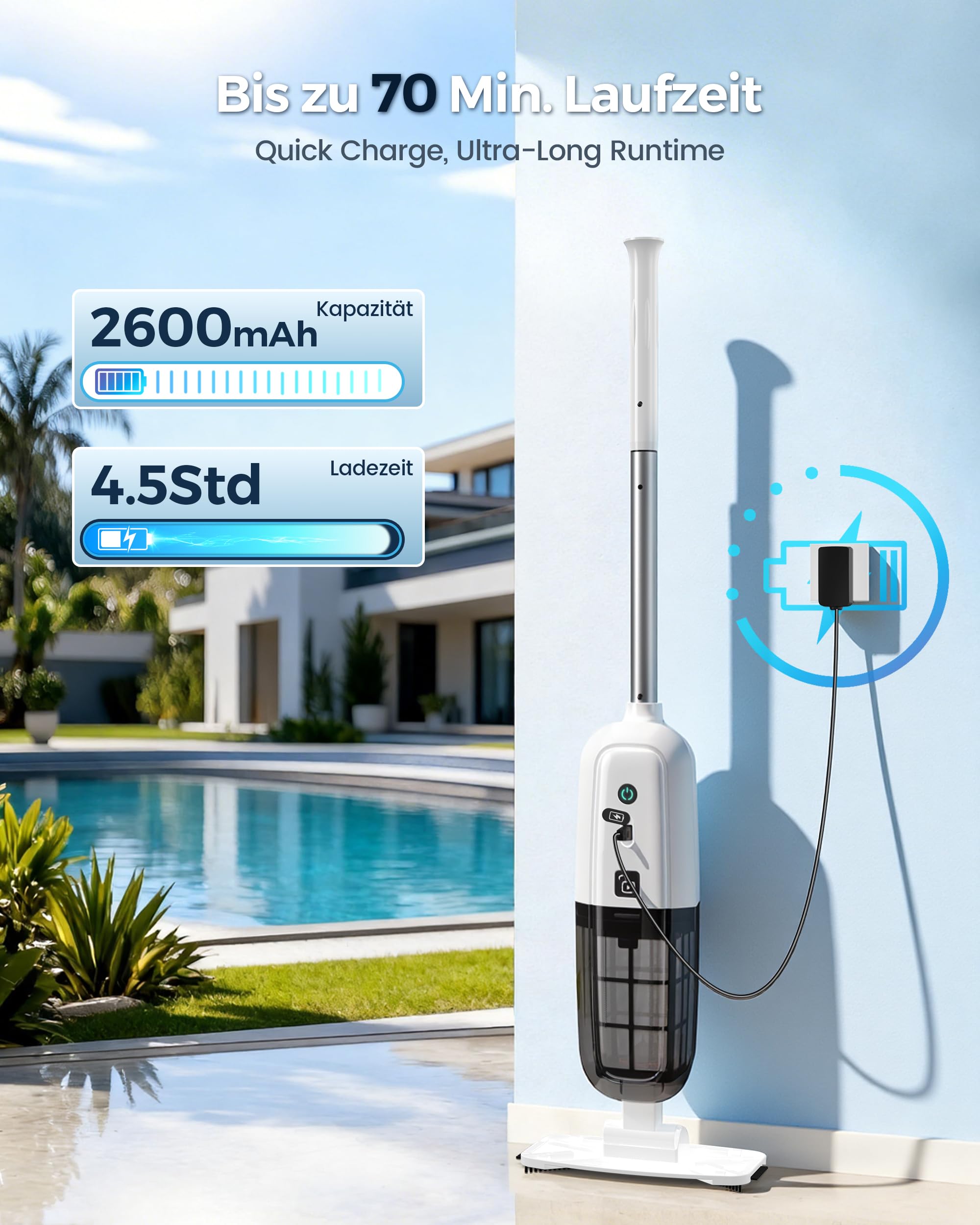 2026 Upgrade Poolsauger Akku,Pool Handsauger Mit Betriebsdauer Bis Zu 70 Minuten, 250cm Verlängerungsstangen,Poolreiniger Mit 180μm Filter,Ideal für Aufstellpool & Einbaupool, Spas, Whirlpools, Weiß