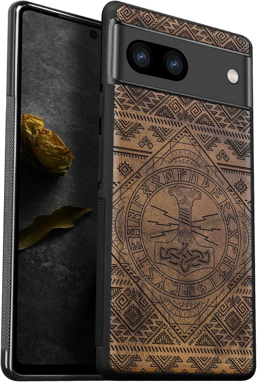 Carveit Wood Case for Pixel 8 Case [Natural Wood & Black Soft TPU] Shockproof Protective Unique Wooden Cover Compatible with Google Pixel 8 (Mjollnir-Walnut)