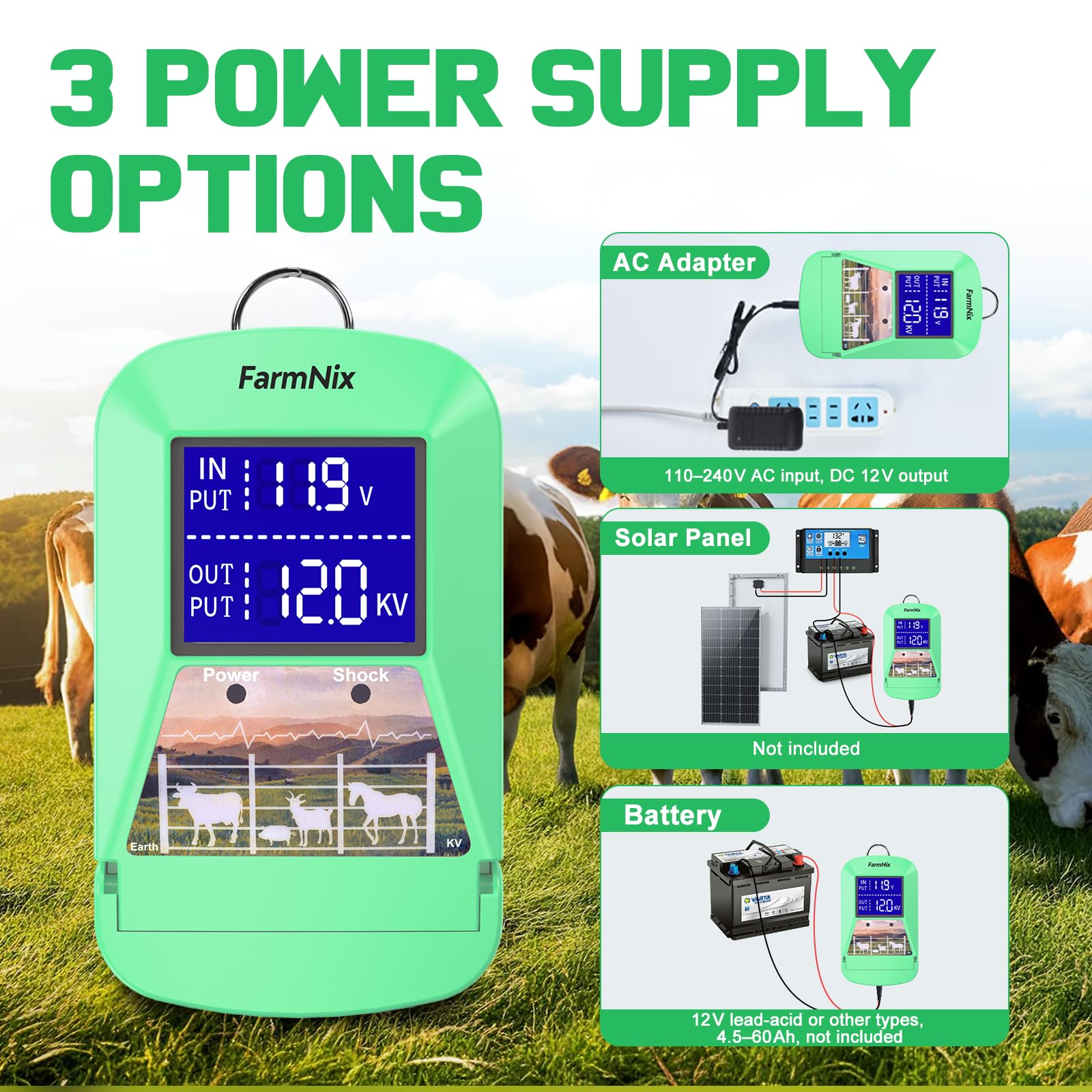 Elettrificatore per recinzione elettrica 3J 12KV, 24 KM con Display LED | Centralina per recinzione elettrica, alimentazione a rete, bovini, cavalli, pecore, capre, cinghiali