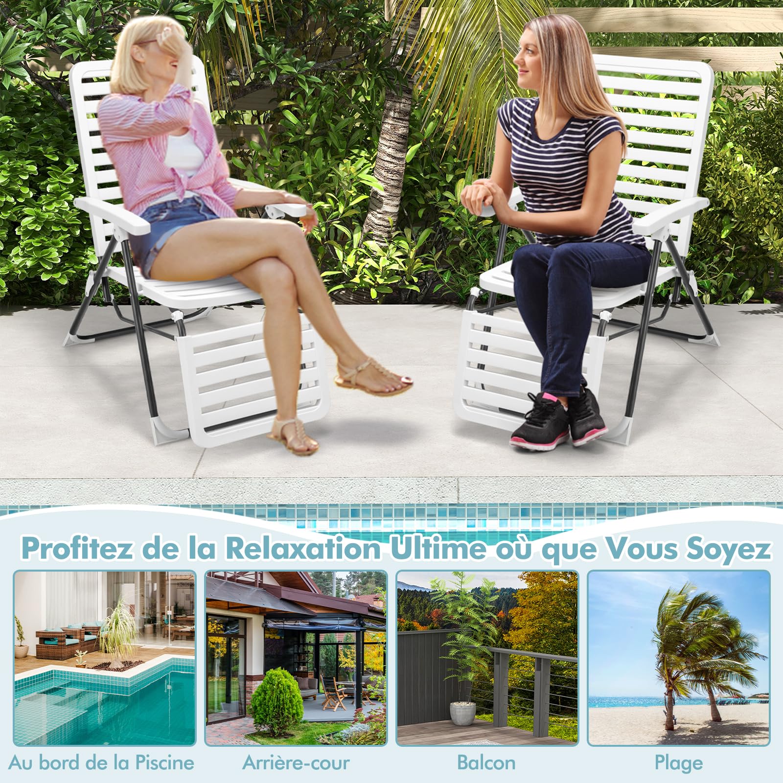 GOPLUS - Silla de relajación plegable, chaise longue con respaldo y reposapiés ajustables de 7 posiciones, sillón reclinable resistente a las inclemencias del tiempo, para terraza, jardín, piscina,