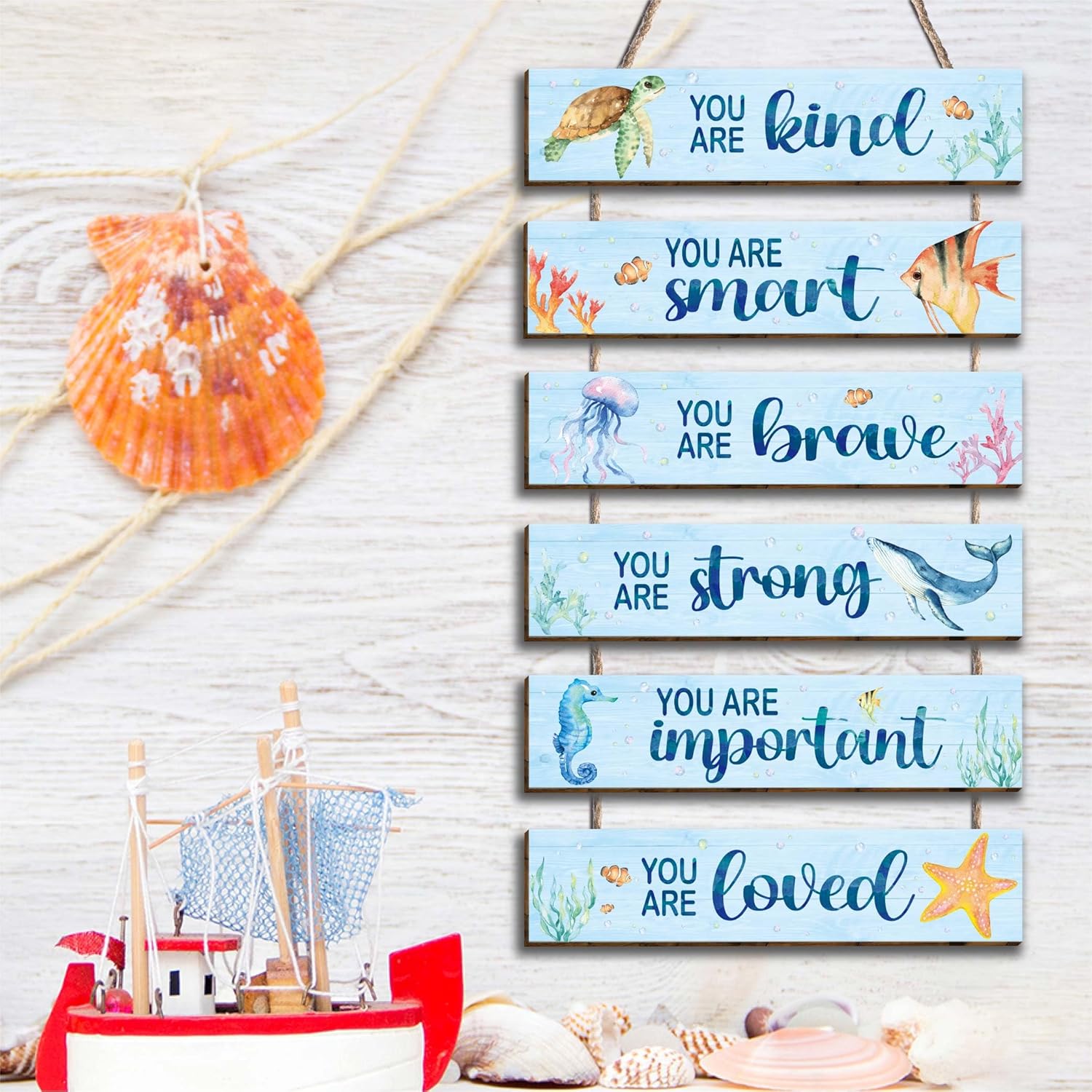 6 Pcs Ocean Decor Kids Room Placards of Wood Decor, Watercolor Ocean Inspirational Positive Quotes Works of art of Wood Wall Art Hanging Sign for Teens Children Bedroom Princess Toddler Room