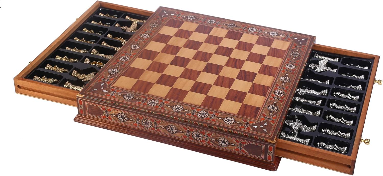 Metal Chess Set for Adult Historical Antique Copper Rome Figures Handmade Pieces and Natural Solid Wooden Chess Board with Original Pearl Around Board and Storage Inside King 4 inc