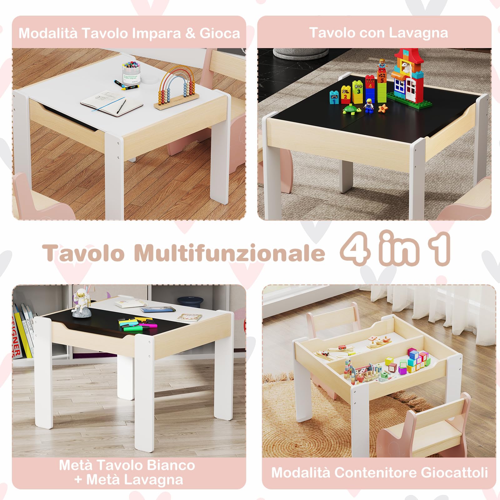 COSTWAY 3 in 1 Set Tavolo e Sedie per Bambini, Tavolo da Attività per Bambini con 2 Sedie, Lavagna Rimovibile e Deposito, per Giocare, Disegnare e Leggere, in Legno (Rosa)
