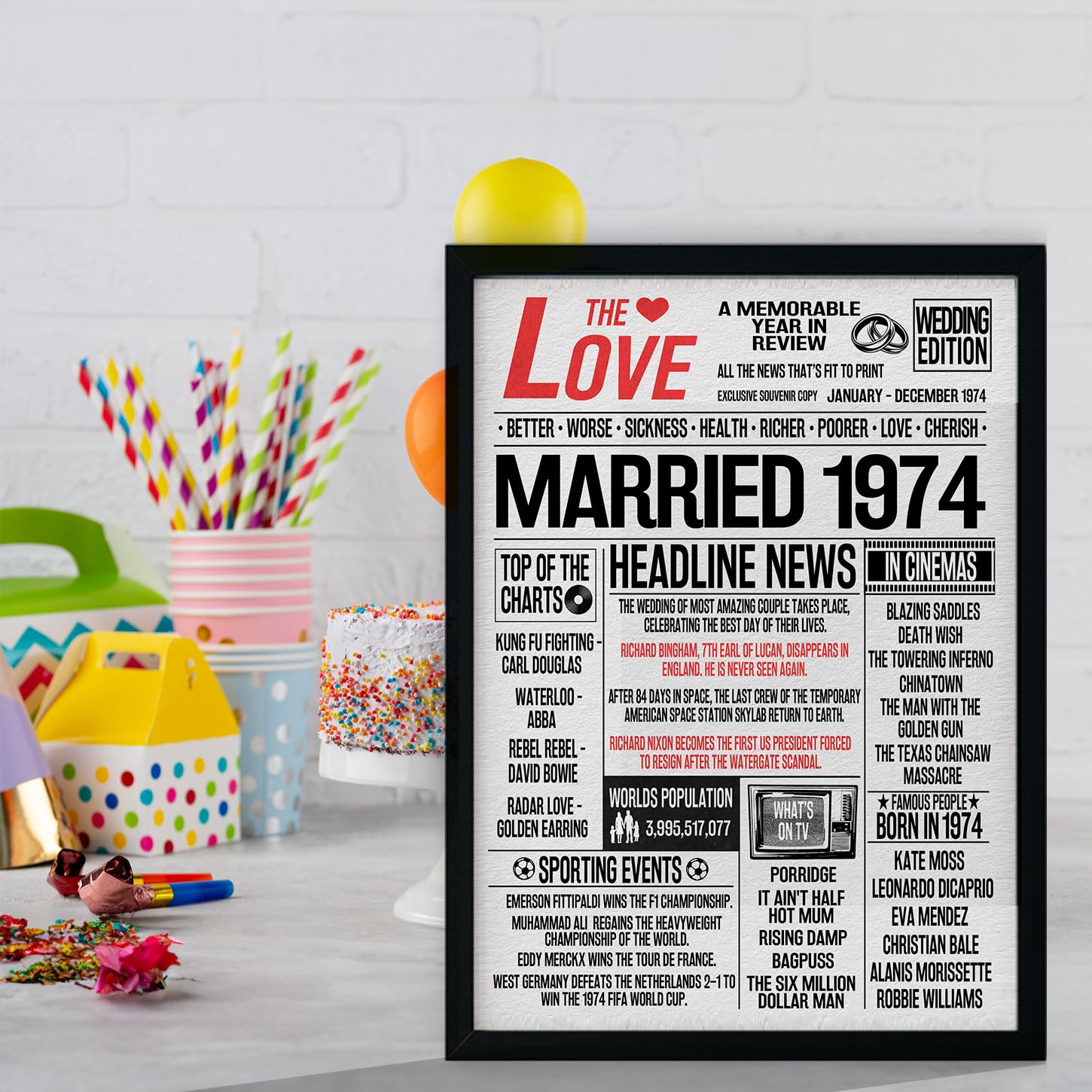 Stuff4 52nd Anniversary Poster Framed, Married In 1974 Newspaper - Image 4
