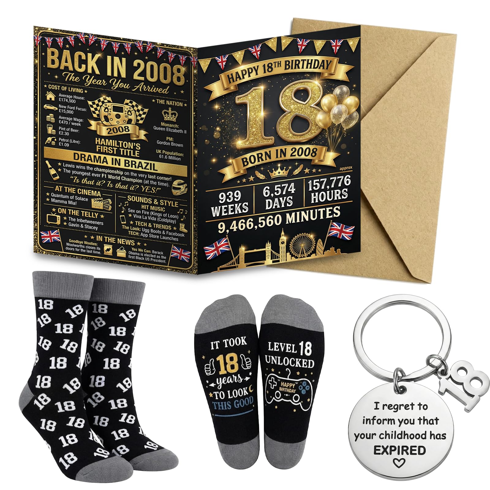 Runovate Boys Black-18Th2 18Th Birthday Gift For Funny Black 18Th Birthday Card Socks And Keyring Set, Birthday Present For Grandson Brother Son Friend Bestfriend