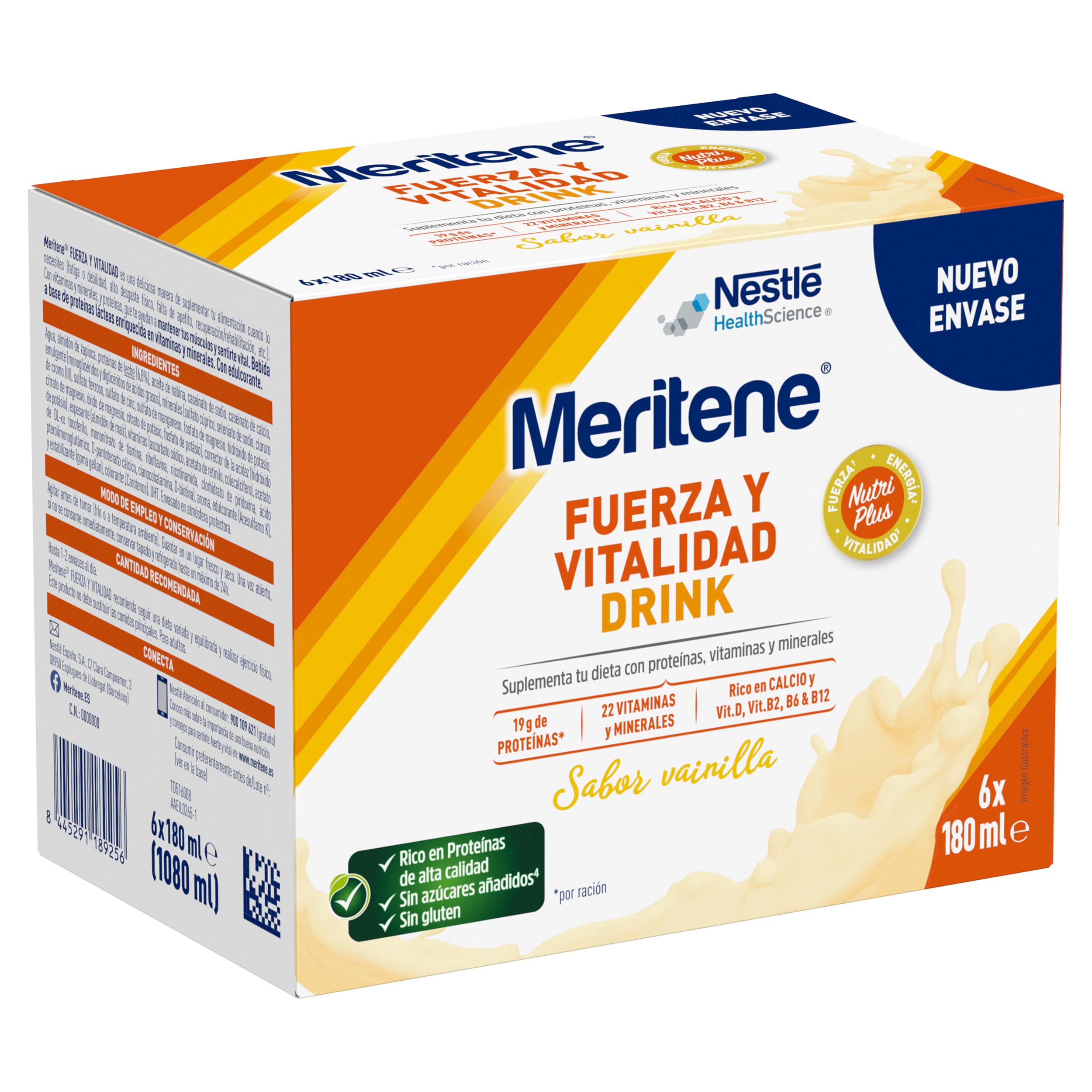 Meritene, Fuerza y Vitalidad Drink, Sabor Vainilla, Listo para Tomar, Fuerza para tus Músculos, Vitalidad para ti, Batido con Proteínas, Vitaminas y Minerales, 6 Unidades, 180 ml