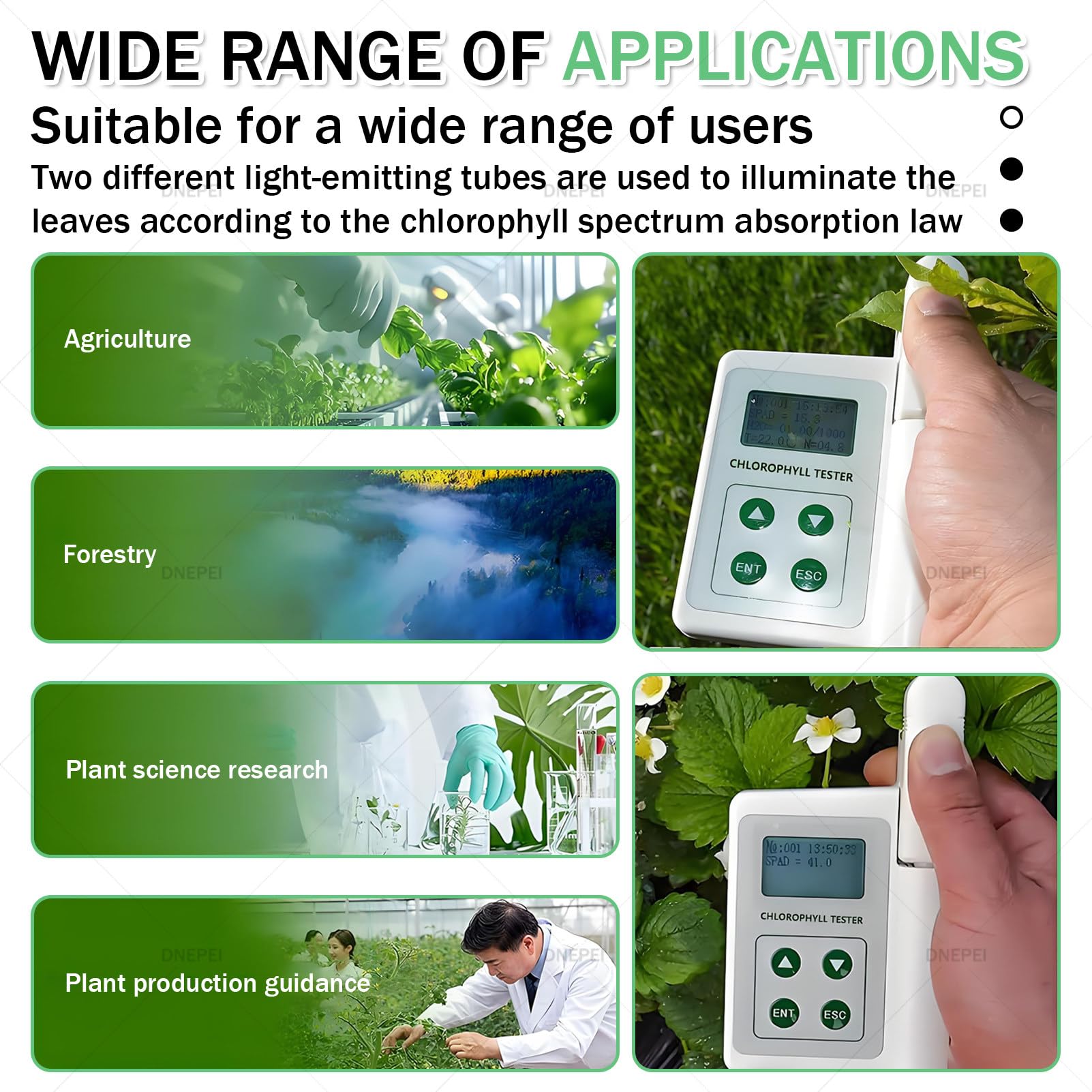 Monitor portátil Todo en uno para la Salud de Las Plantas, analizador portátil de clorofila, nitrógeno, Temperatura y Humedad (0,0-99,9 SPAD), diseño Compacto con Carga USB A