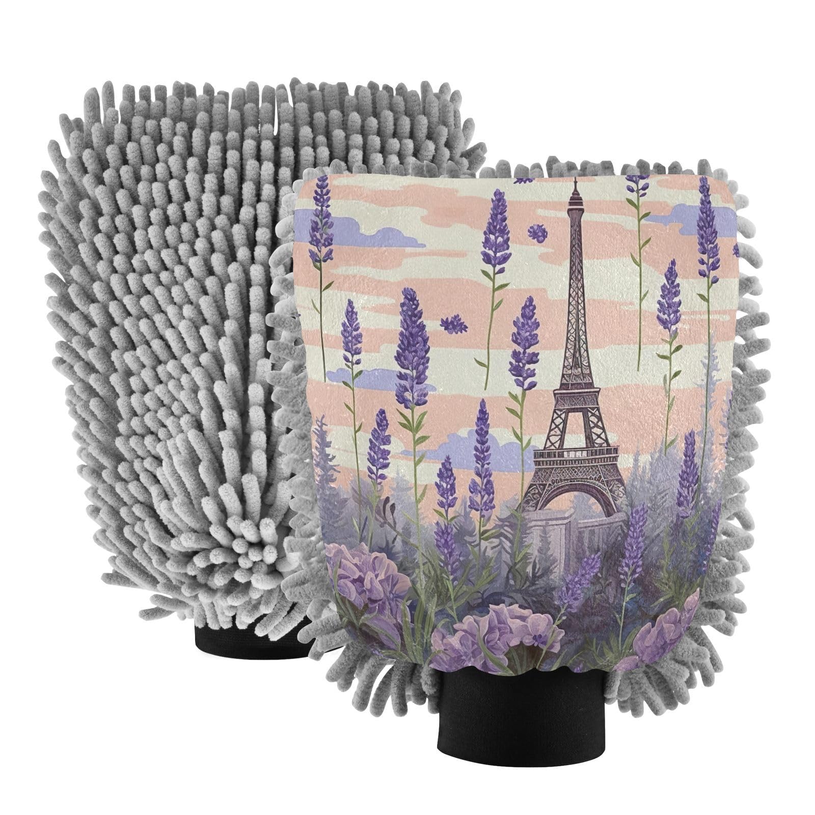 Flradish 2 Pack Lavender Eiffel Tower Car Wash Mitt Chenille Microfiber Lint-Free Scratch Free Ultra-Soft Absorbent Car Wash Mitt 10.2x7.09 Inch