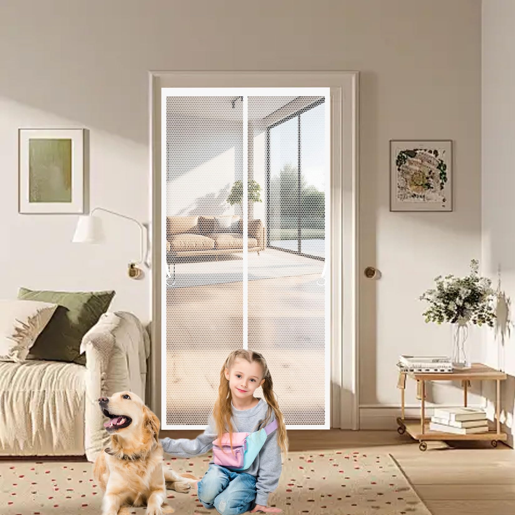 Magnetic Fly Screen Door 102 x 220 cm Frame Hook & Loop, Powerful Magnets Mesh Fly Curtain, Insect Protection Door Without Drilling, Heavy Duty for Patio Doors Bedroom, White