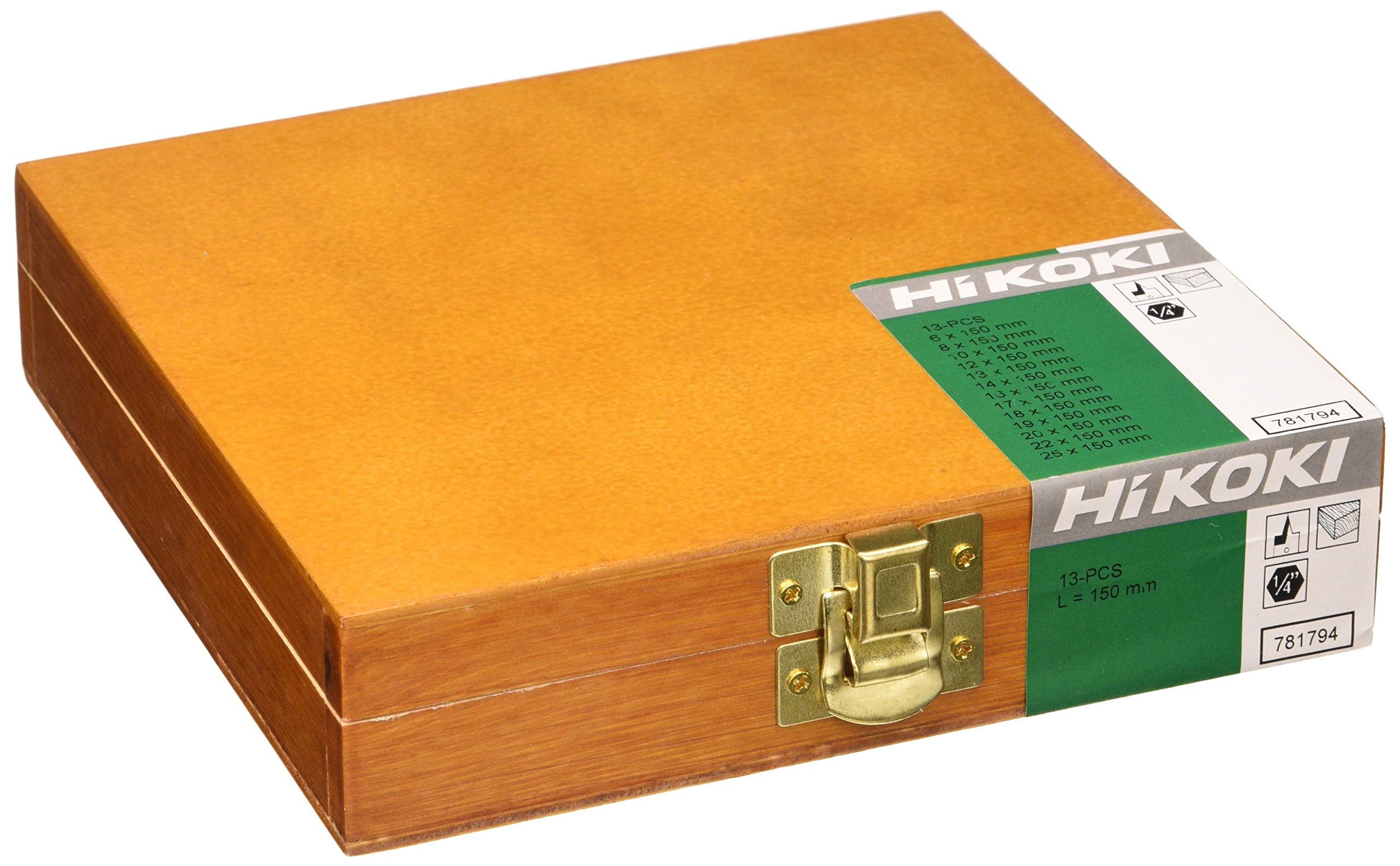 Hikoki 781794 -Set di punte per legno piatte Raccordo 1/4 "" asta esagonale 6-8- 10-12-13-14-16-17-18-19-20-22-25 *13 mm x 150 mm