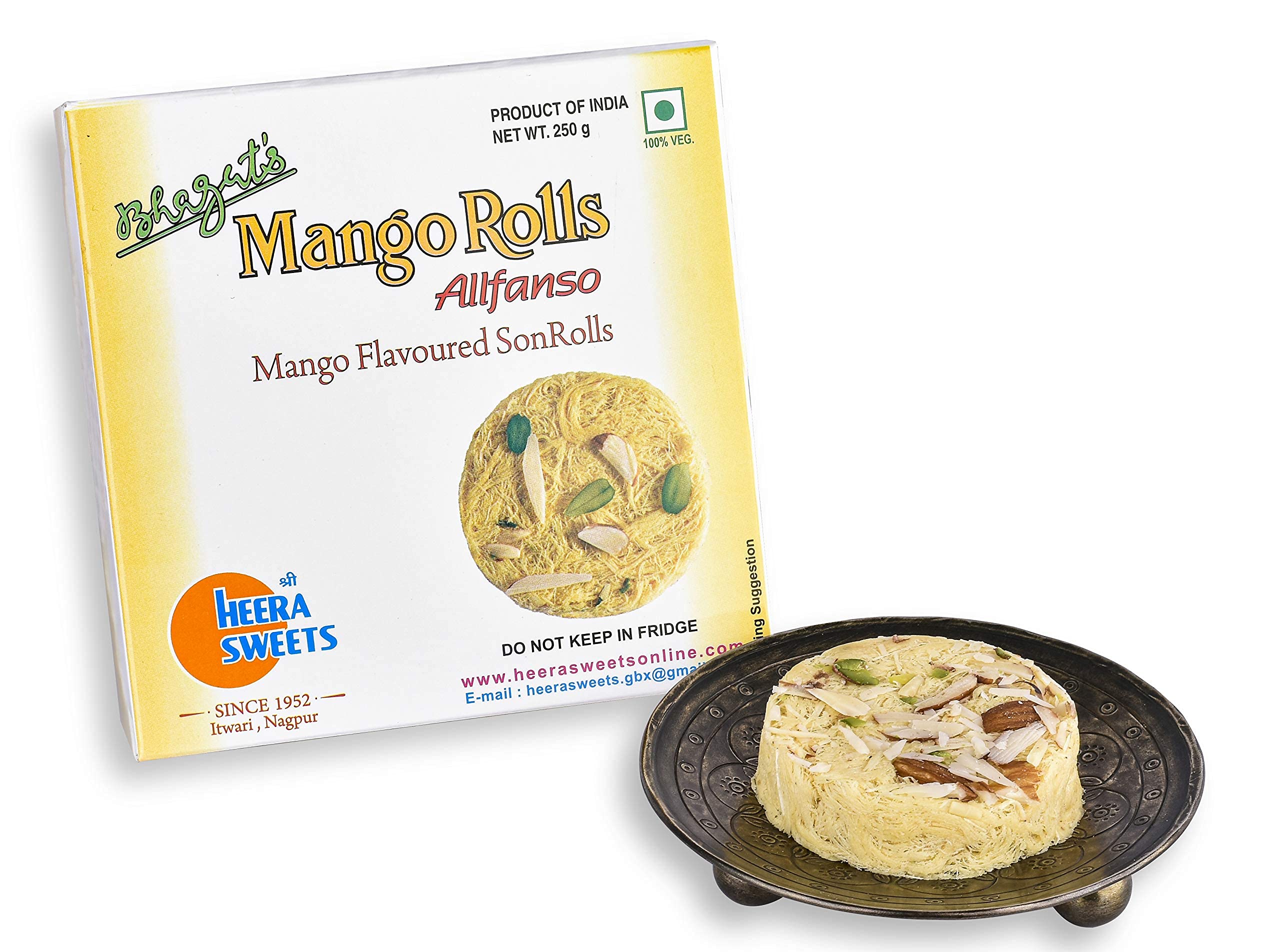 Bhagat’s Heera Sweets Mango Son Rolls 250 gm from Nagpur | Premium Indian Son Rolls Mithai | Perfect for Diwali Indian Sweets, Rose Soan Rolls Gifts & Hampers