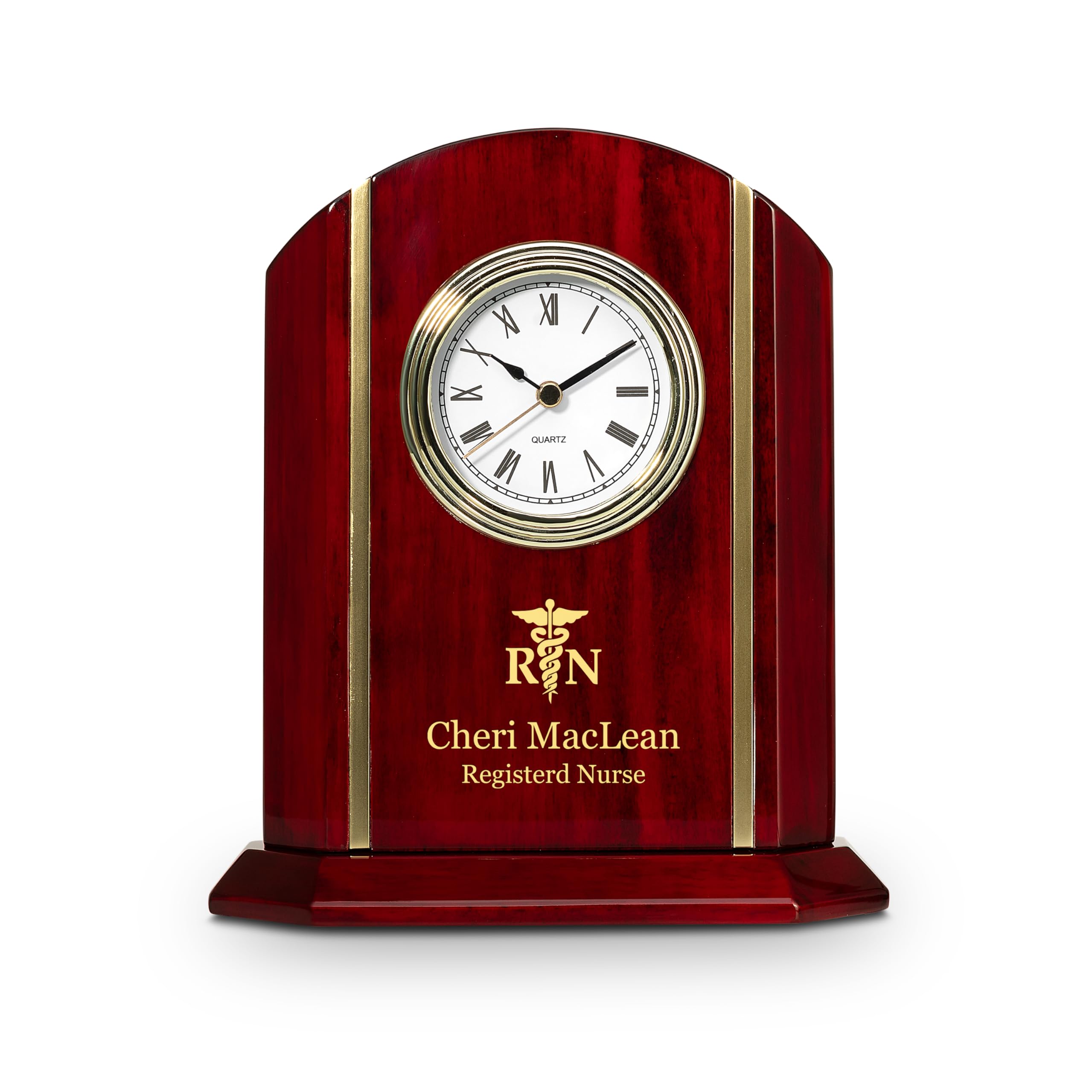 Executive Gift Shoppe | Elite Collection Nurse Theme Personalized Rosewood Desk Clock with Gold Accents