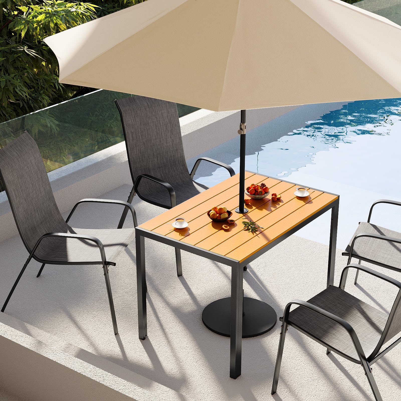 LIFERUN Gartentisch mit Schirmloch 110x70 cm, Balkontisch Wetterfest | Terrassentisch Aluminium, WPC Tischplatte, Rechteckiger Esstisch Garten für 4-6 Personen, Teakbraun