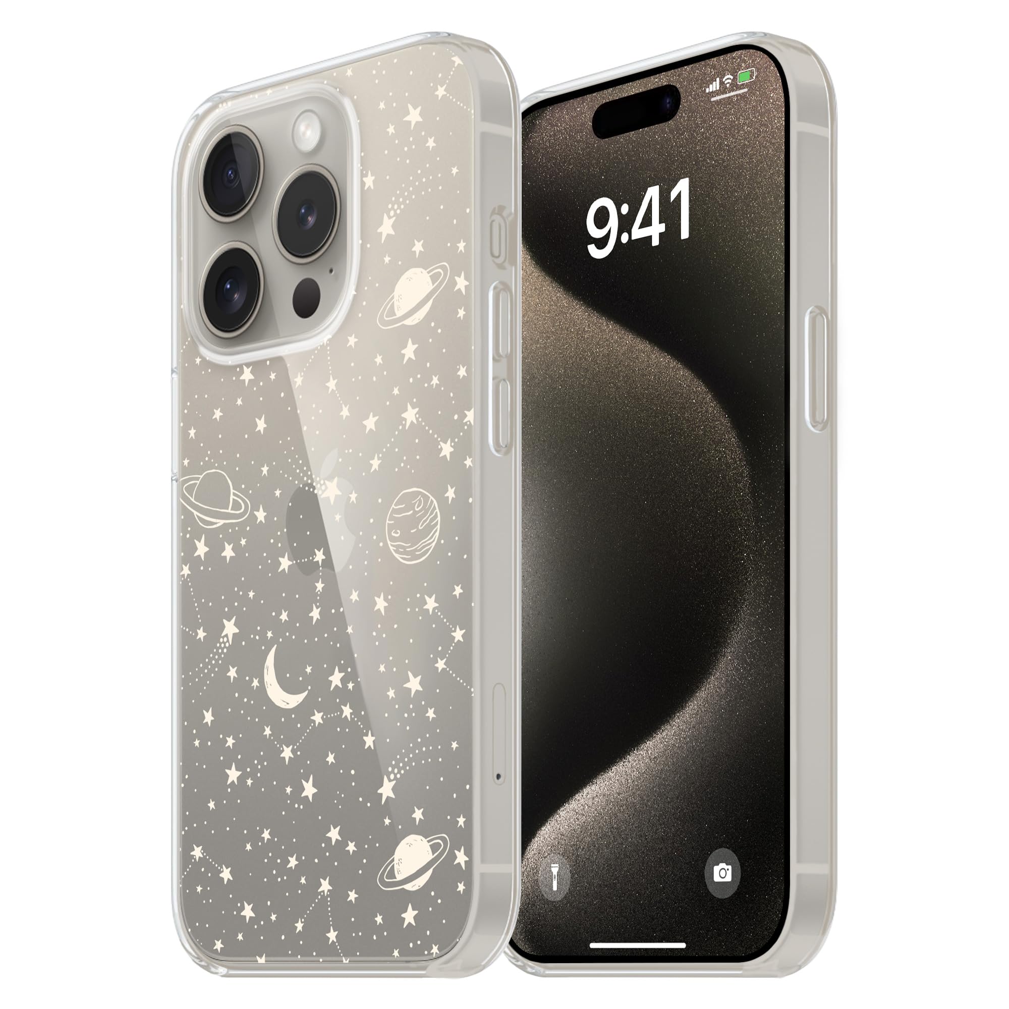 Case for iPhone 15 Pro Max, Clear Doodle Planets and Comets Designed for iPhone 15 Pro Max Case, Constellations Stars Aesthetic Phone Case for Women