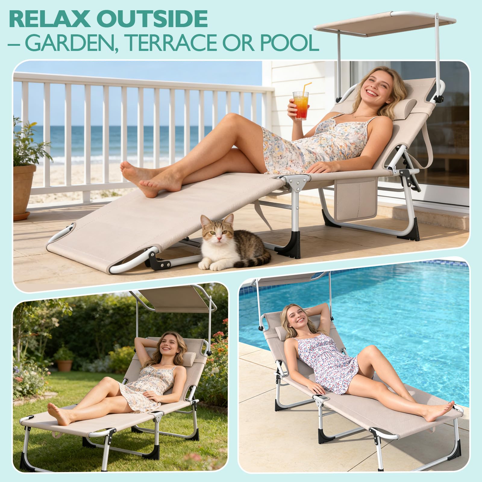Transat Pliant avec Toile Solaire 194x67,5cm – Chaise Longue Multi-Positions & Parasol 360°, 600D Oxford, INCL. Poche Latérale & Sangle de Transport (Chaise Camping, Kaki)