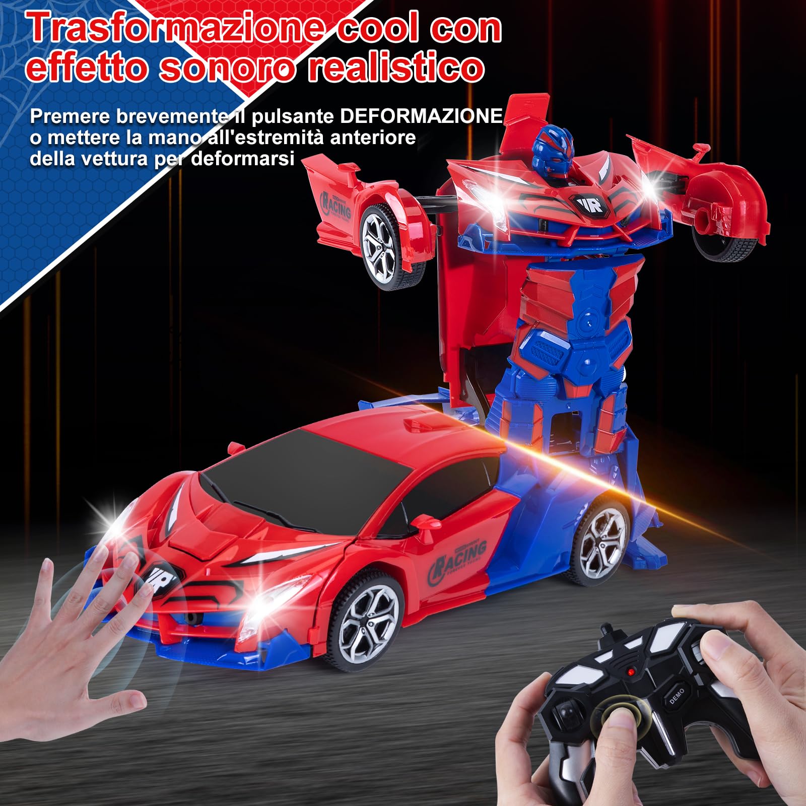 Yellcetoy Transform Macchina Telecomandata Giocattoli, Spider Auto Robot con Gesti della Mano Sening Luce lampeggiante Musica ed Effetto Sonoro, 2,4G RC Cars con Batterie Regalo per Bambini 3-10 Anni
