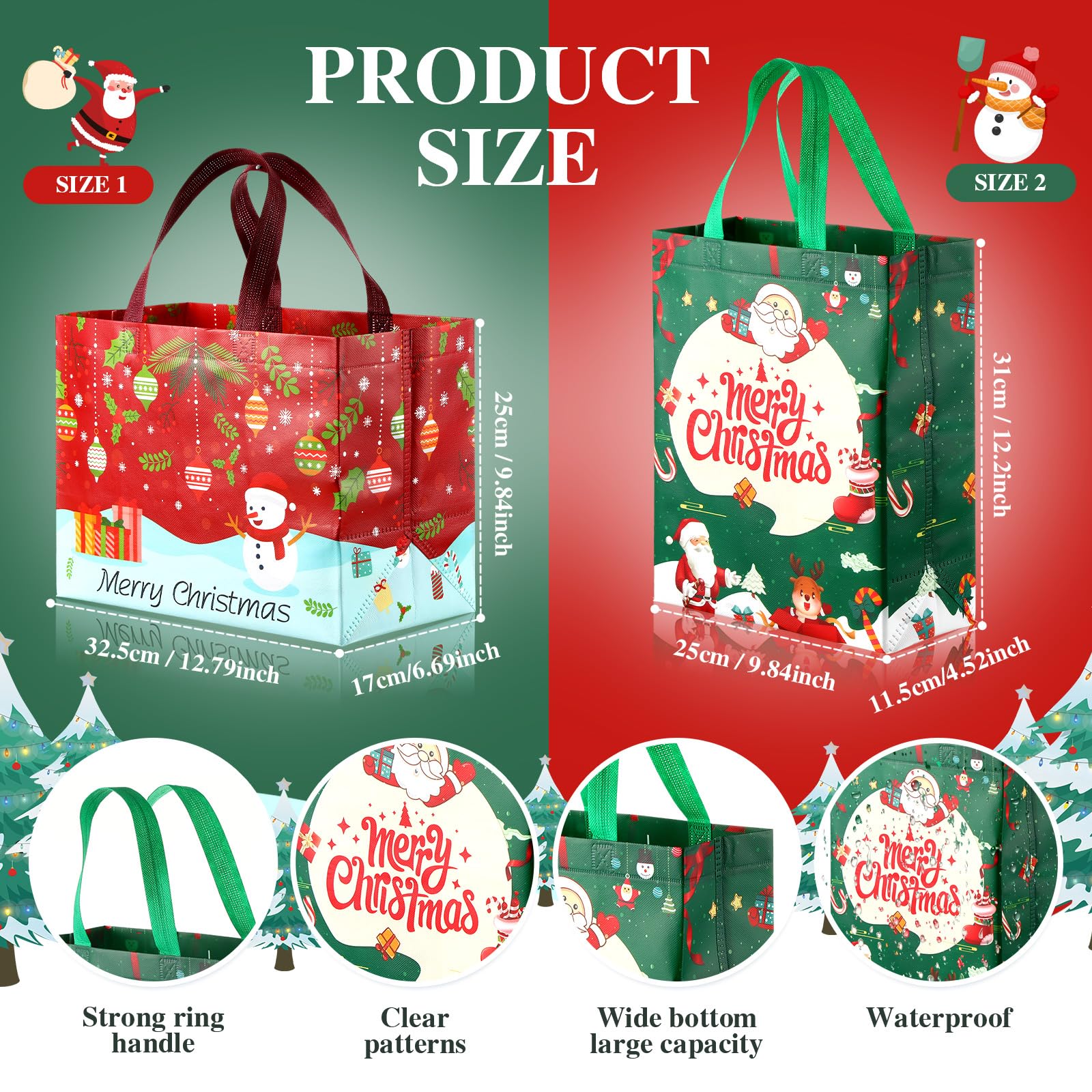 Xuniea Lot de 48 sacs fourre-tout de Noël avec poignées, sacs cadeaux de Noël multifonctionnels, non tissés, étanches, pour les fêtes de Noël, 32 x 25 x 17 cm, 30 x 25 x 11 cm