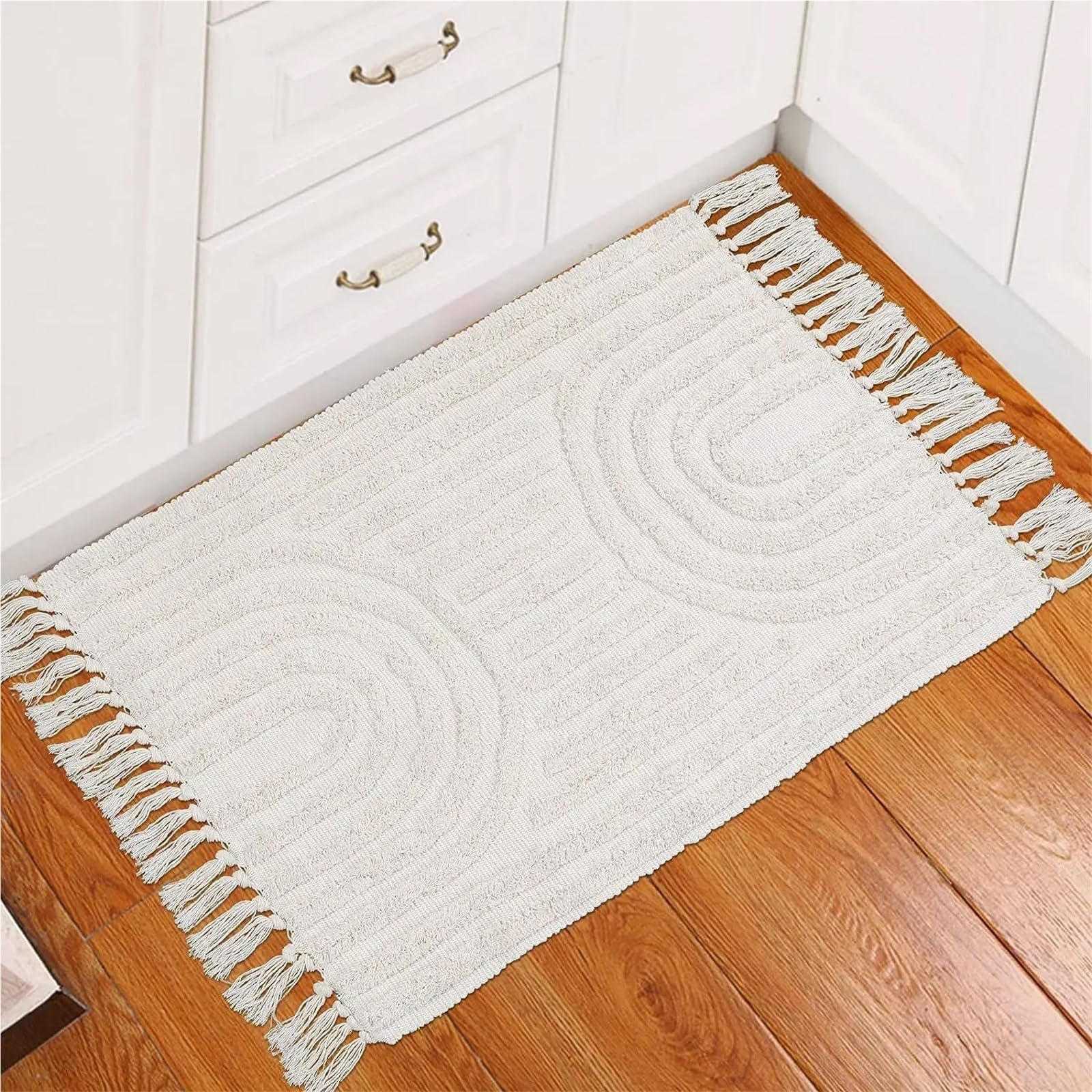 Tappeto da bagno in cotone, lavabile, con nappe, decorativo, per soggiorno, morbido, beige, per hotel e case, perfetto per terrazza e uso interno