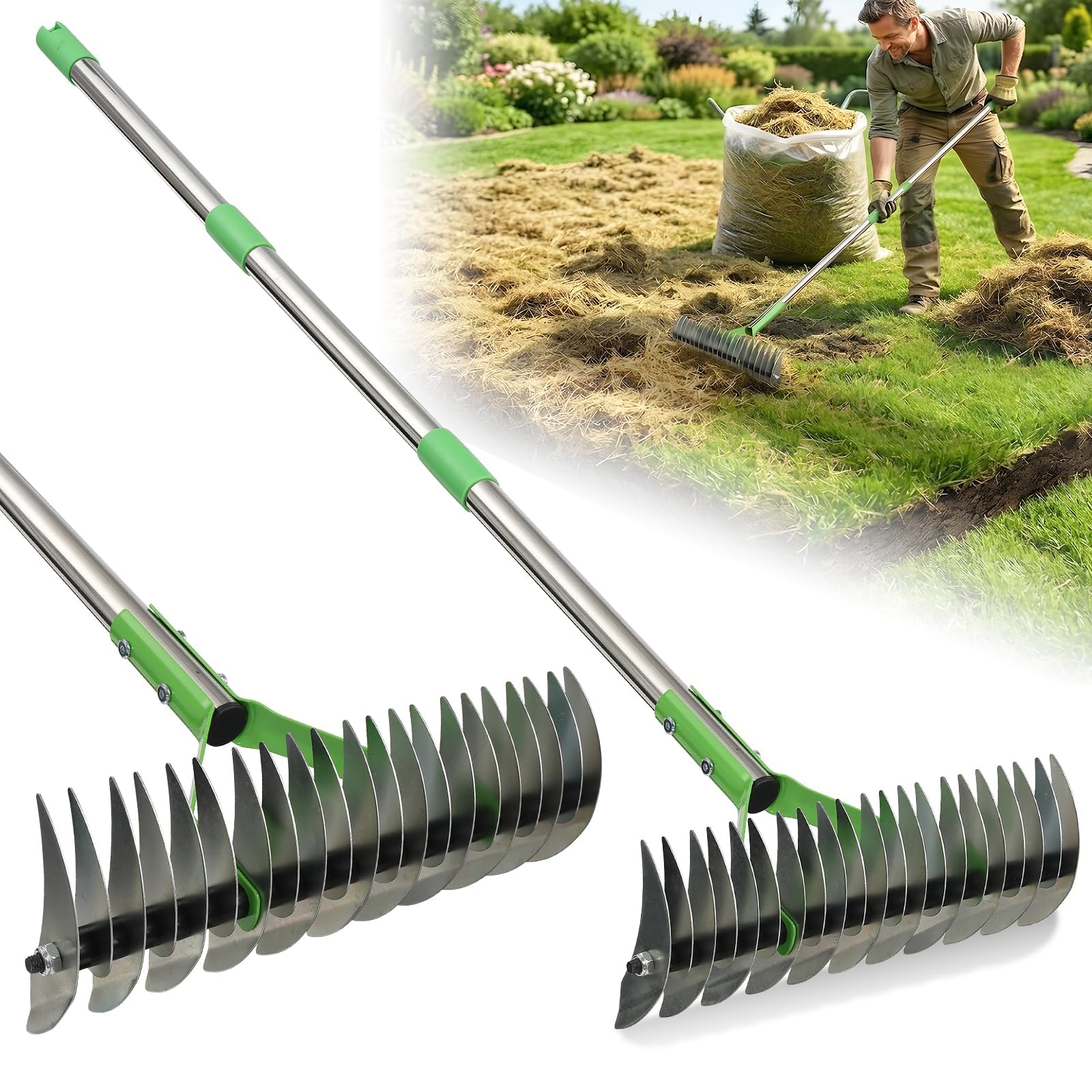 Lawn Thatch Rake | 13" Heavy-Duty Scarifying Rake with Sharp Carbon Steel Tines | 2-in-1 Manual Dethatcher & Scarifier for Dead Grass, Moss Removal & Turf Dethatching | 50" Adjustable Handle