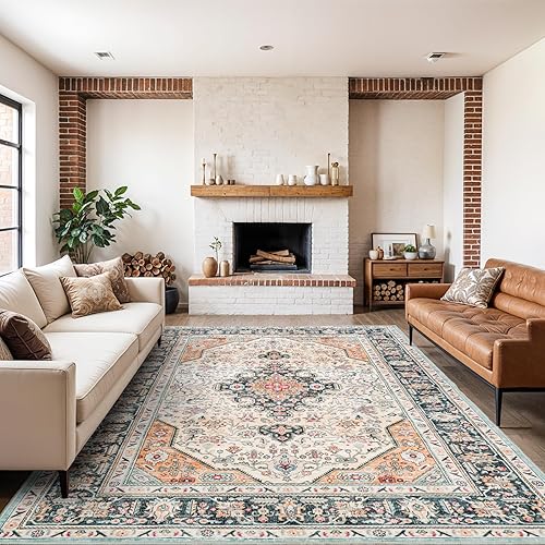 Tapete de área lavable para dormitorio, cocina y sala de estar, 9 x 12 pies, tapete grande, suave, oriental y vintage, con respaldo antideslizante,