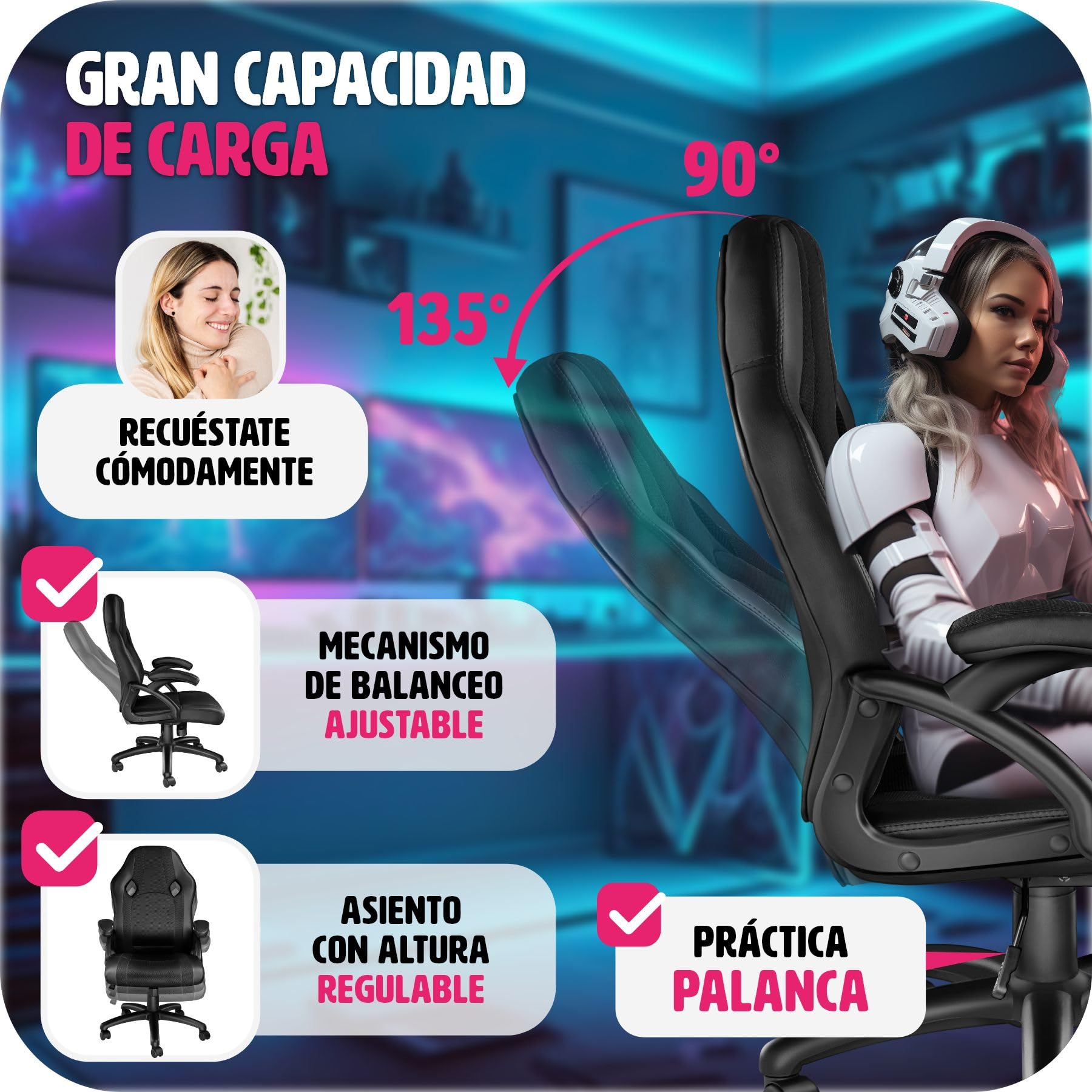 tectake® Silla Ergonómica Gaming, Silla de Estudio con Reposabrazos Ajustables, Mecanismo Basculante, Amortiguador de Gas, Giro de 360°, Office Chair, Acolchado Grueso, Gaming Setup - Negro/Negro