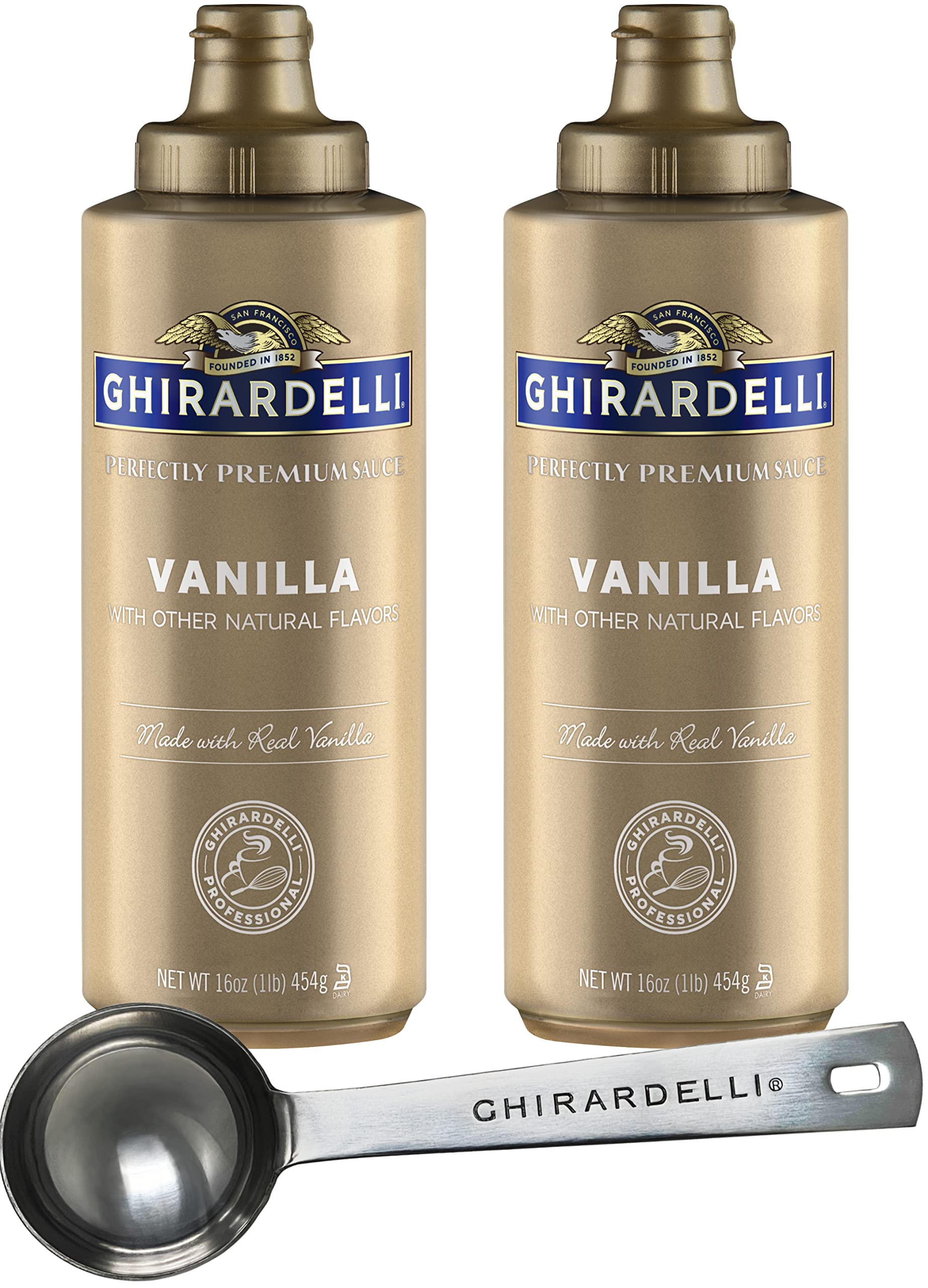 Ghirardelli - Vanilla Sauce, 16 Ounce Squeeze Bottle (Pack 2) with Ghirardelli Stamped Barista Spoon