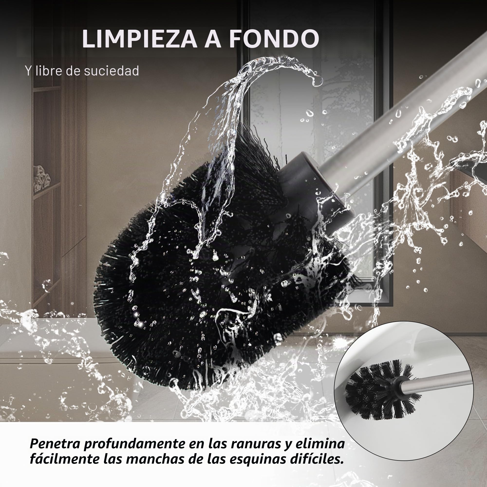 Portarrollos de Papel higiénico de baño con escobillero, Acero Inoxidable Negro y Cesta Redonda (Niquel Cepillado)