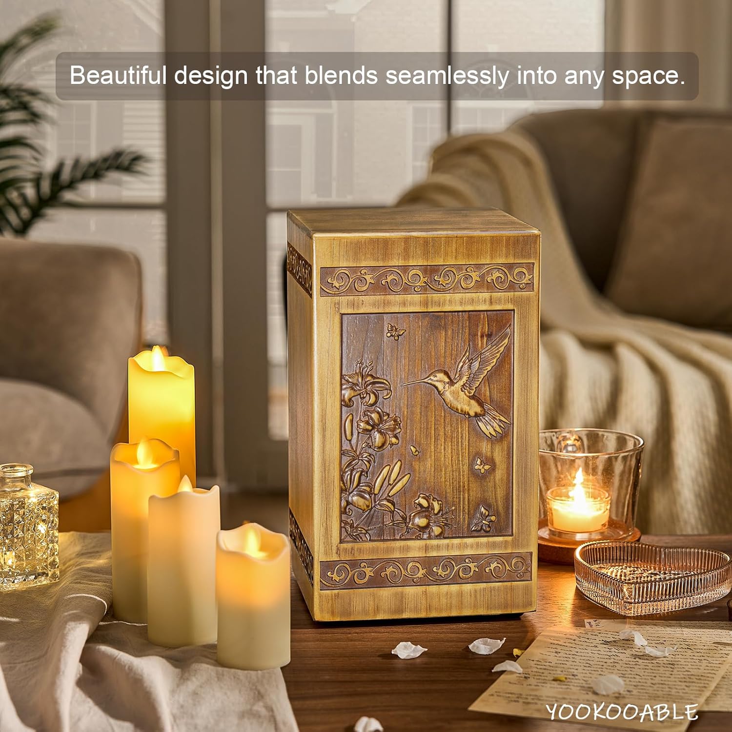 Wooden Urn for Ashes Adult Male Female, Handcrafted Large Cremation Urns Box for Human Ashes Adult Man Woman, Memorial Decorative Funeral Urn with Hummingbird Carvings, with Velvet Bag & Necklace - Image 7