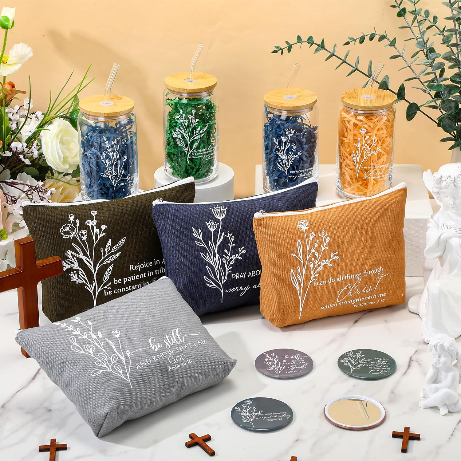 Fumete 4 Set Christian Gifts for Women Bulk Religious Makeup Bag Bible Verse Glass Cup Mini Christian Compact Mirror Regalos Cristianos for Mothers Day Birthday Graduation Church Gift (Neutral Colors) - Image 4
