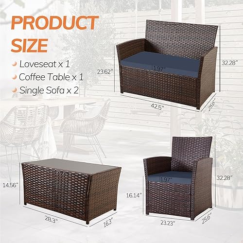 Miniatura 3 de Juego de muebles de patio de 4 piezas, juego de conversación de mimbre para exteriores, sofá modular de ratán con mesa de centro de cristal y cojín