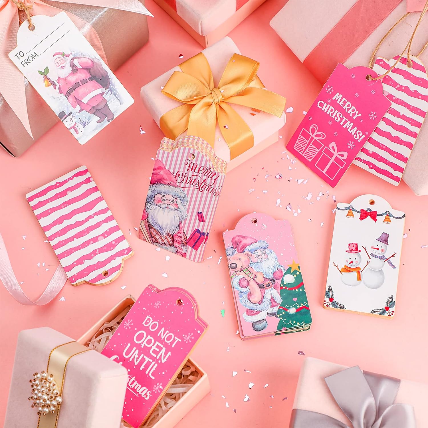 Lincia 120 Pcs Pink Christmas Tag Winter Paper Gift Tags Christmas Hanging Tags Labels with String for Holiday Party Wrapping Xmas Decor, 10 Styles(Fresh Style) - Image 3
