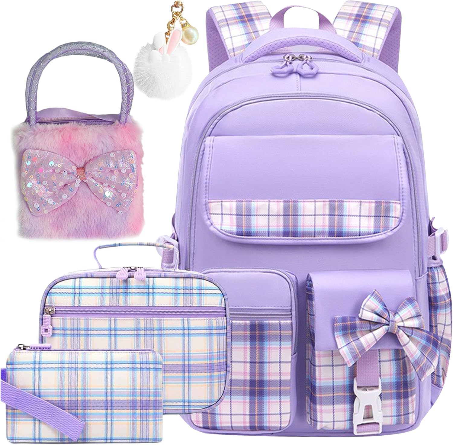 Kids backpack set for girls, cute plaid design, multi-pocket 5pcs purple