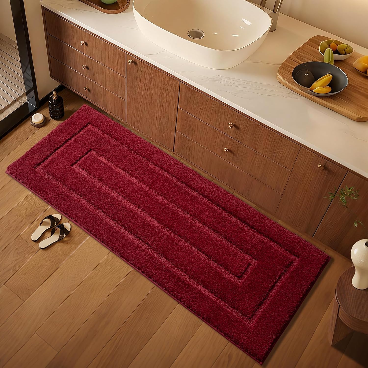 HOMORE Bathroom Runner Rug 24x60 Inch, Soft and Absorbent Bath Runner Rug, TPR Backing Non Slip Bath Mat, Washable Plush Bath Rugs for Bathroom Floor Shower Tub Sink Christmas Decor, Wine Red - Image 7