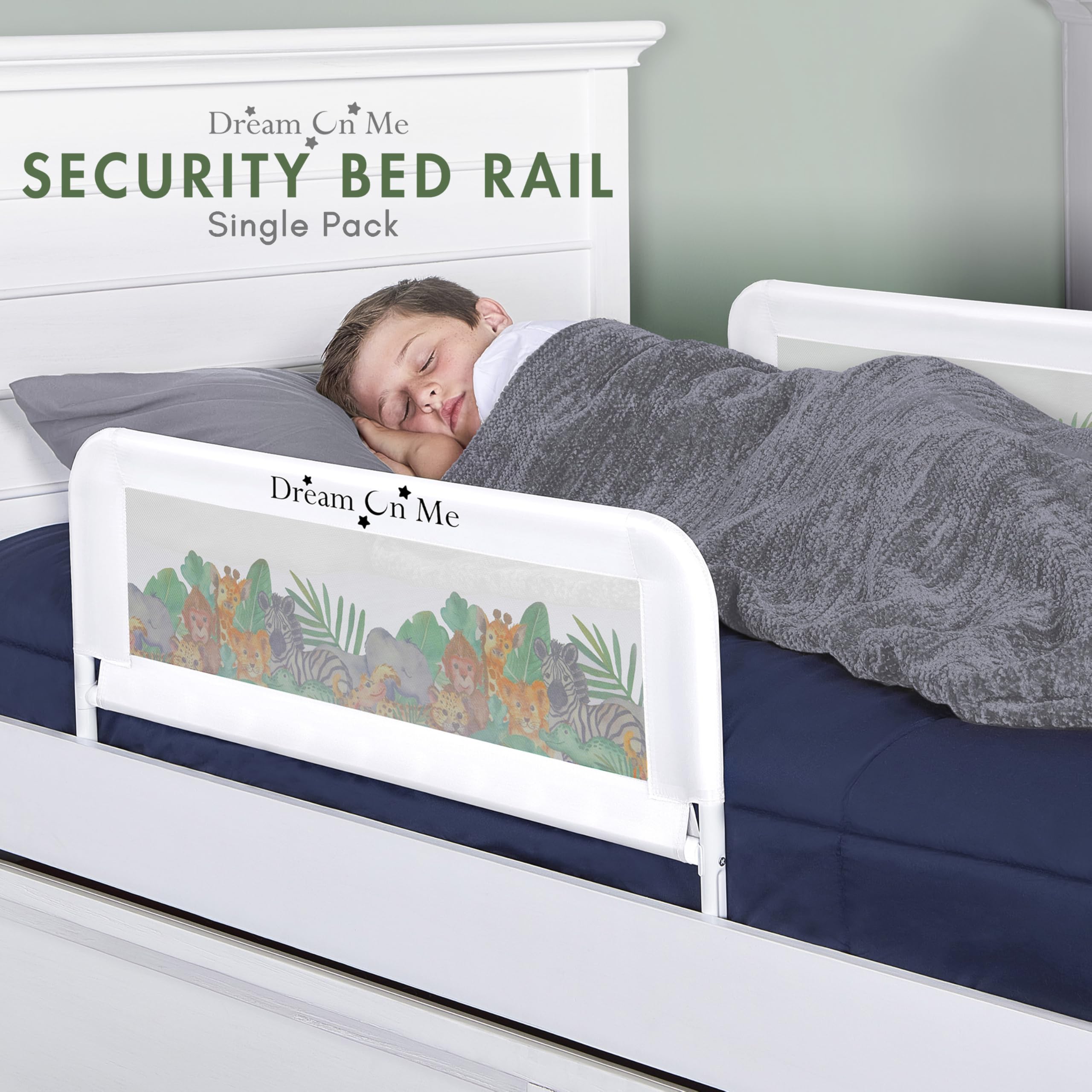 Dream On Me Lightweight Mesh Security Adjustable Bed Rail for Toddler, Breathable Mesh Fabric, Suitable for All Types of Beds, Reinforced Anchor System Bed Guard Rail, Jungle Print