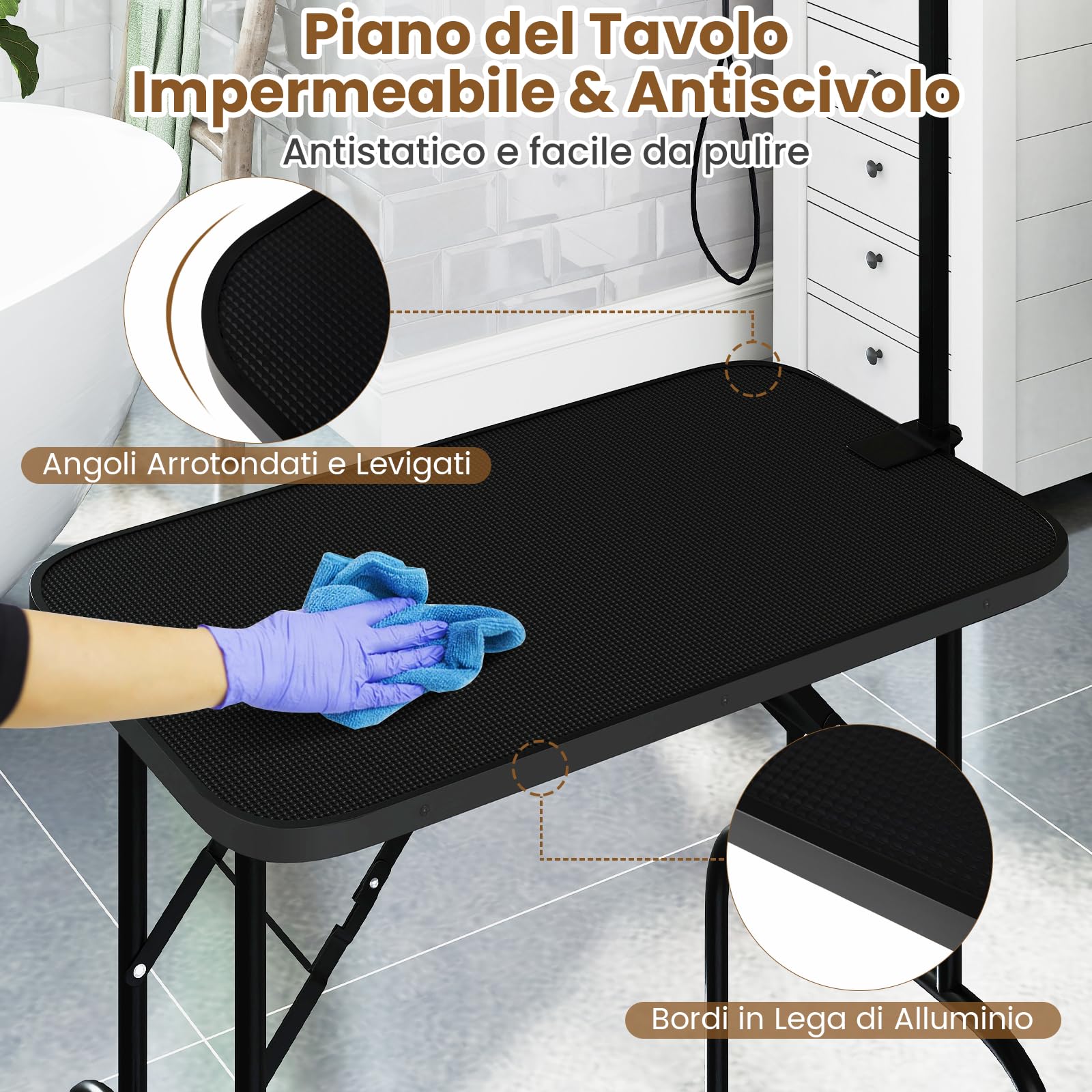COSTWAY Tavolo Toelettatura e Tosatura per Animali, Accessori Pieghevole per Toilette per Cani con Bracci Regolabili in Altezza,Cappio e Piano Antiscivolo, Portata 100 kg (80,5 x 46 x 146 cm)