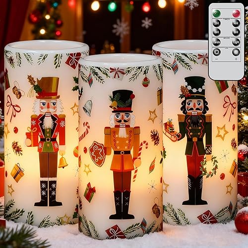 Velas de pilar sin llama de cascanueces de Navidad con temporizador remoto, velas LED en soporte de cera real, vela a pilas para decoración de