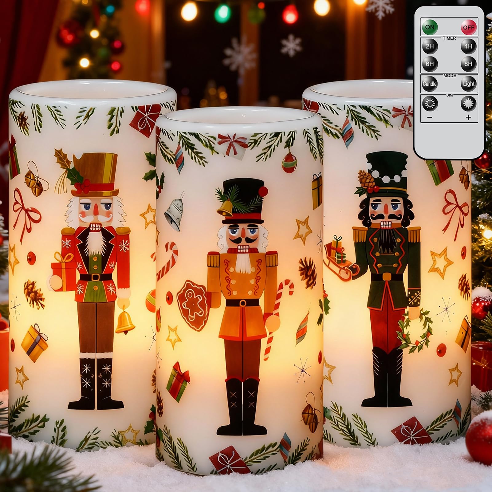 Christmas Nutcracker Flameless Pillar Candles with Remote Timer